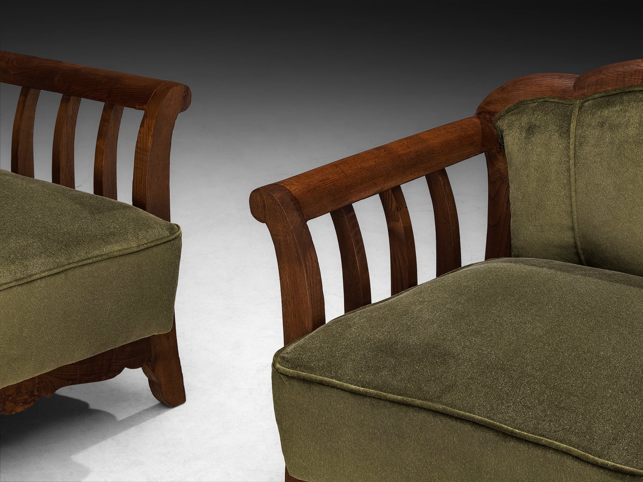 Pair of Art Deco Armchairs in Olive Green Pierre Frey Velvet and Chestnut Seating Morentz