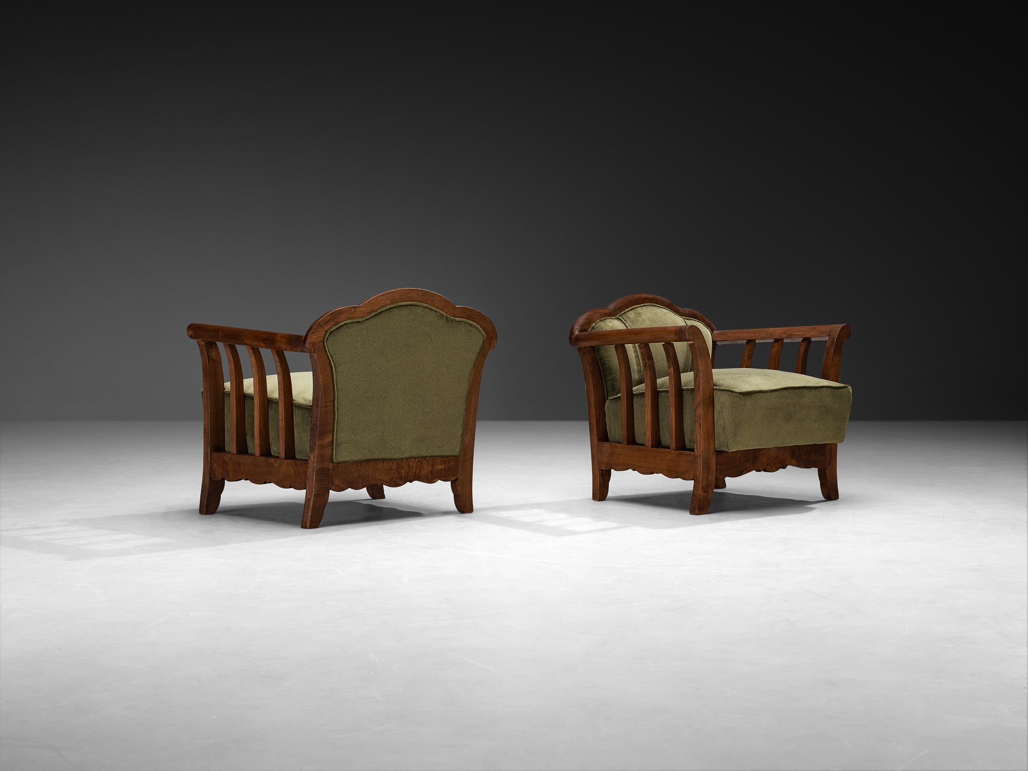 Pair of Art Deco Armchairs in Olive Green Pierre Frey Velvet and Chestnut Seating Morentz