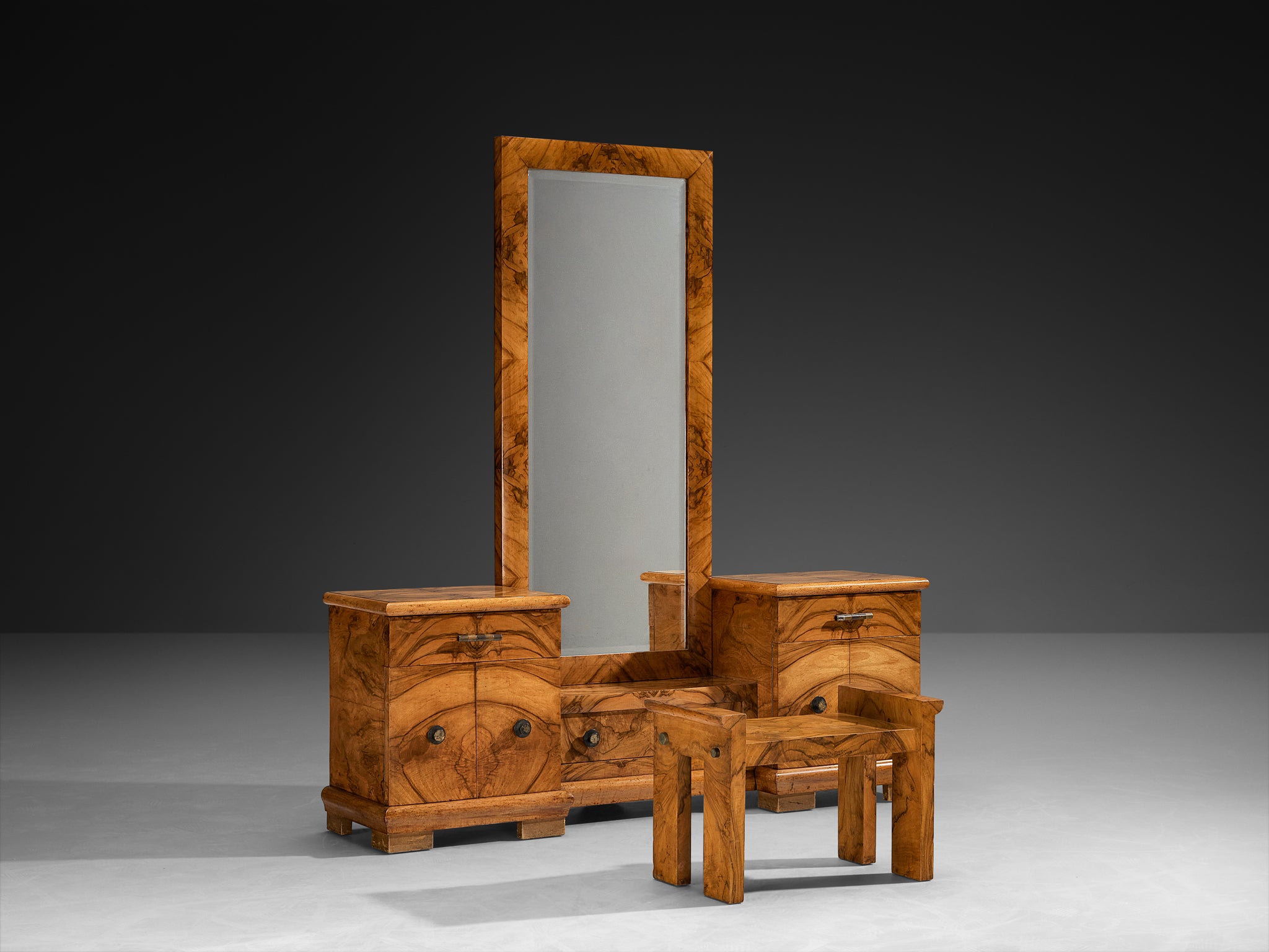 Gaetano Borsani for Atelier di Varedo Vanity Set with Stool in Walnut Burl Tables Morentz