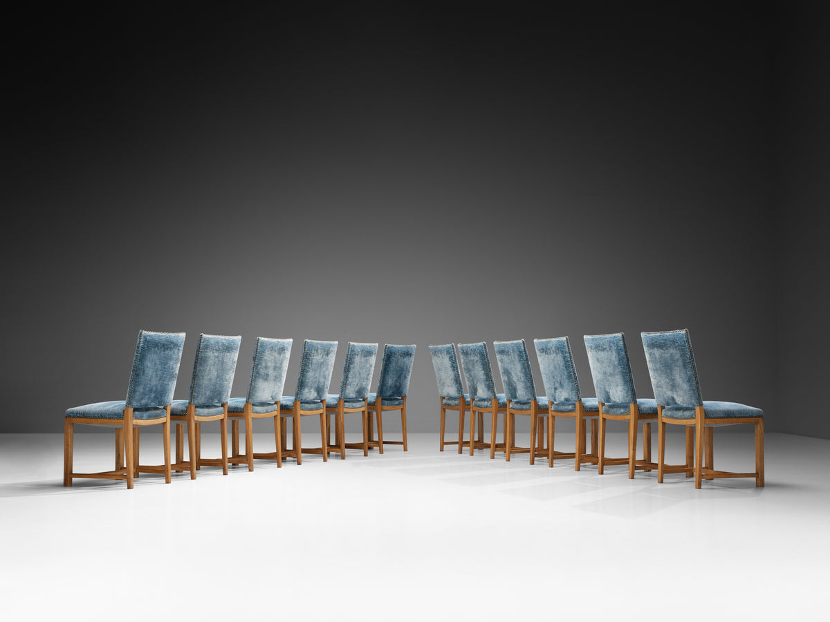 Nordic Set of Twelve Dining Chairs in Walnut and Velvet by Danish Cabinetmaker Seating Morentz