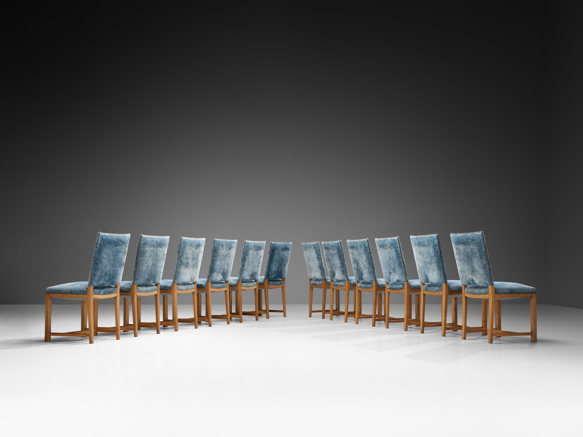 Nordic Set of Twelve Dining Chairs in Walnut and Velvet by Danish Cabinetmaker Seating Morentz