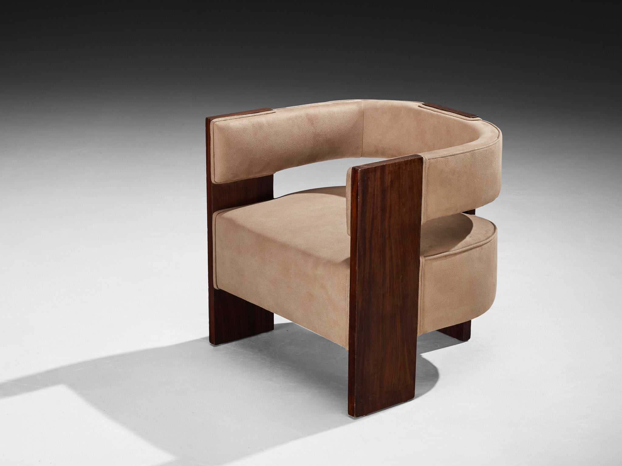 Rare André Sornay Curved Armchair in Mahogany and Warm Beige Suede Seating Morentz