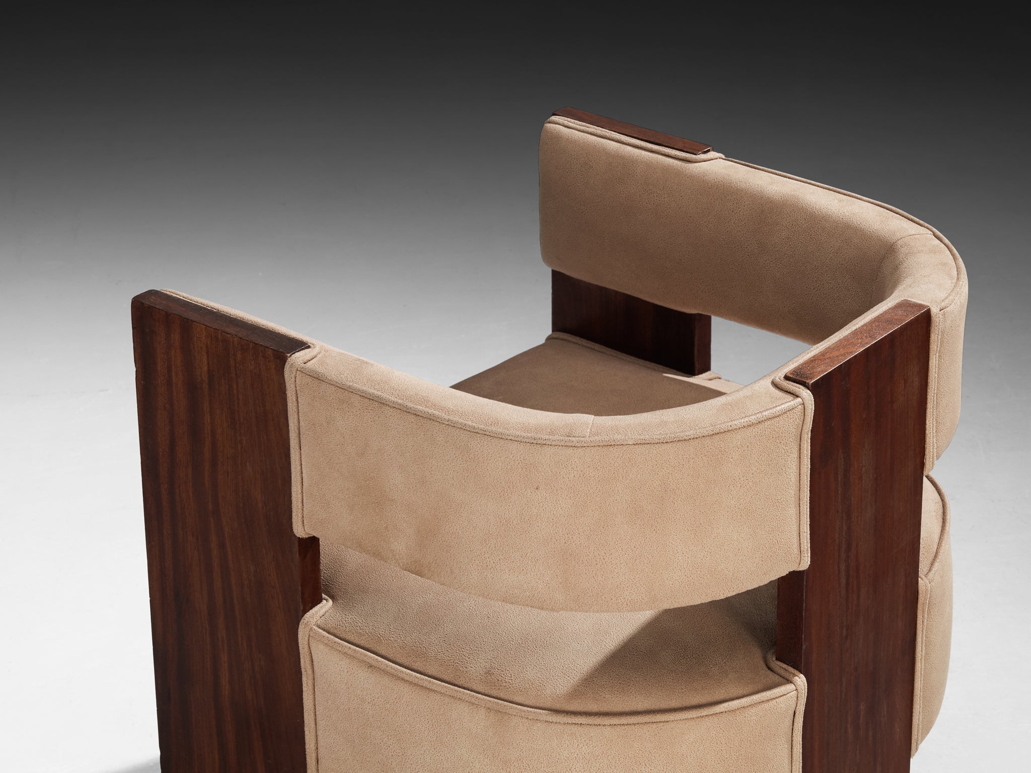 Rare André Sornay Curved Armchair in Mahogany and Warm Beige Suede Seating Morentz