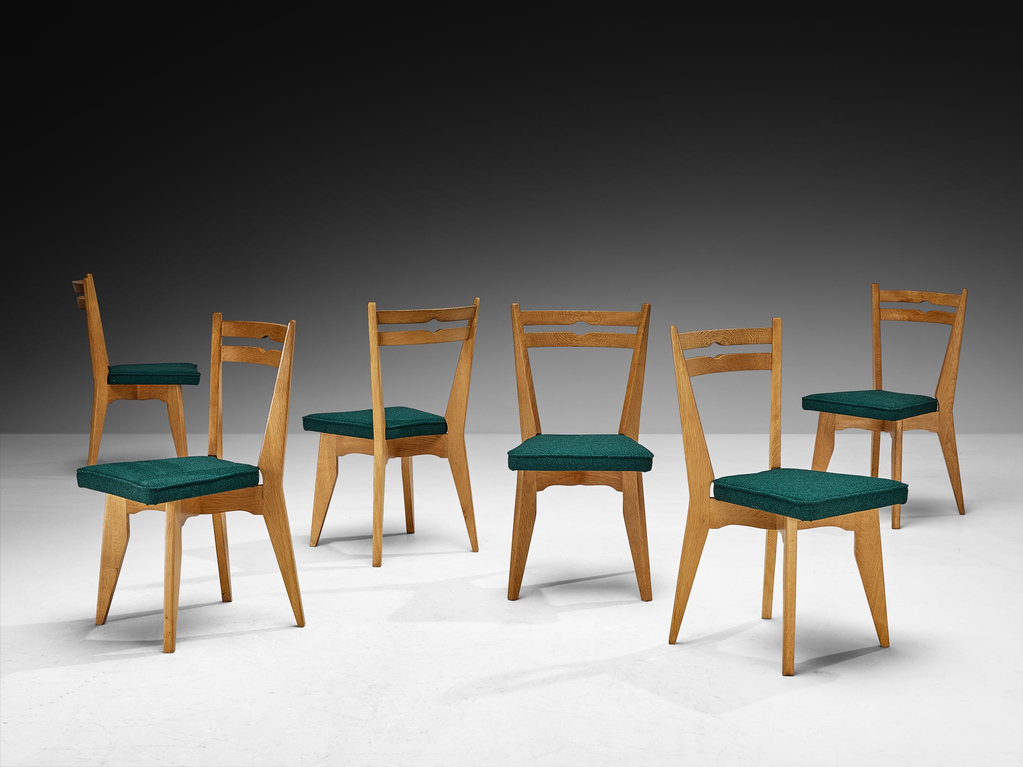 Guillerme & Chambron Set of Six Dining Chairs in Solid Oak and English Wool Seating Morentz