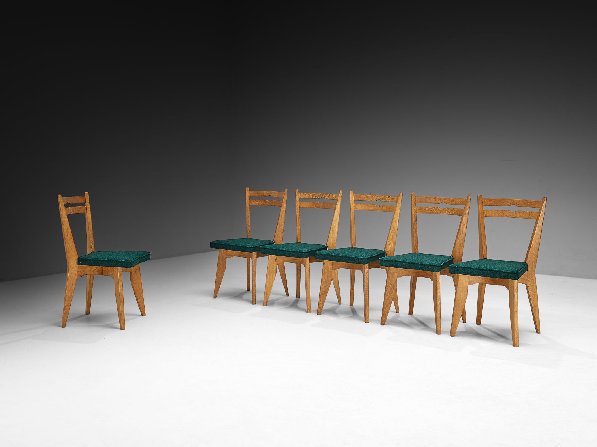 Guillerme & Chambron Set of Six Dining Chairs in Solid Oak and English Wool Seating Morentz