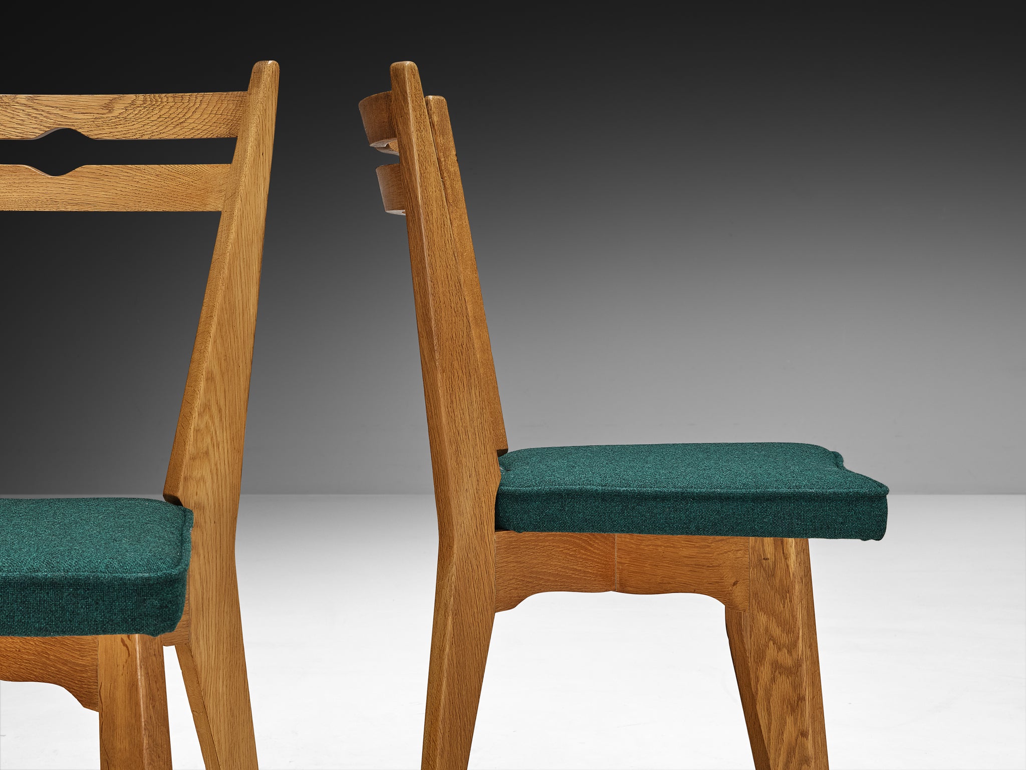 Guillerme & Chambron Set of Six Dining Chairs in Solid Oak and English Wool Seating Morentz