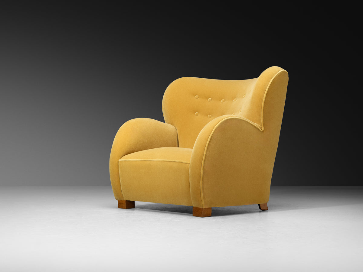 1930s Extremely Grand Danish Lounge Chair Reupholstered in Yellow Mohair Seating Morentz