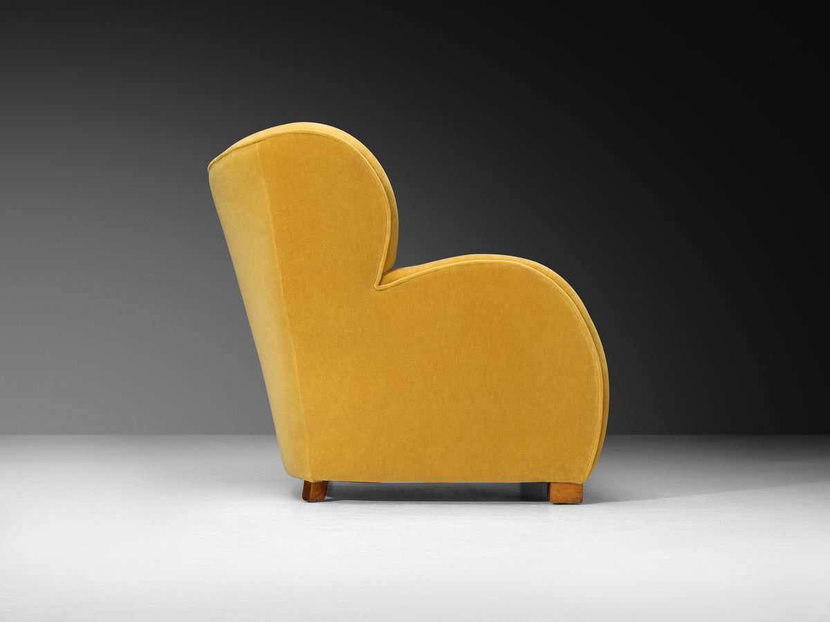1930s Extremely Grand Danish Lounge Chair Reupholstered in Yellow Mohair Seating Morentz