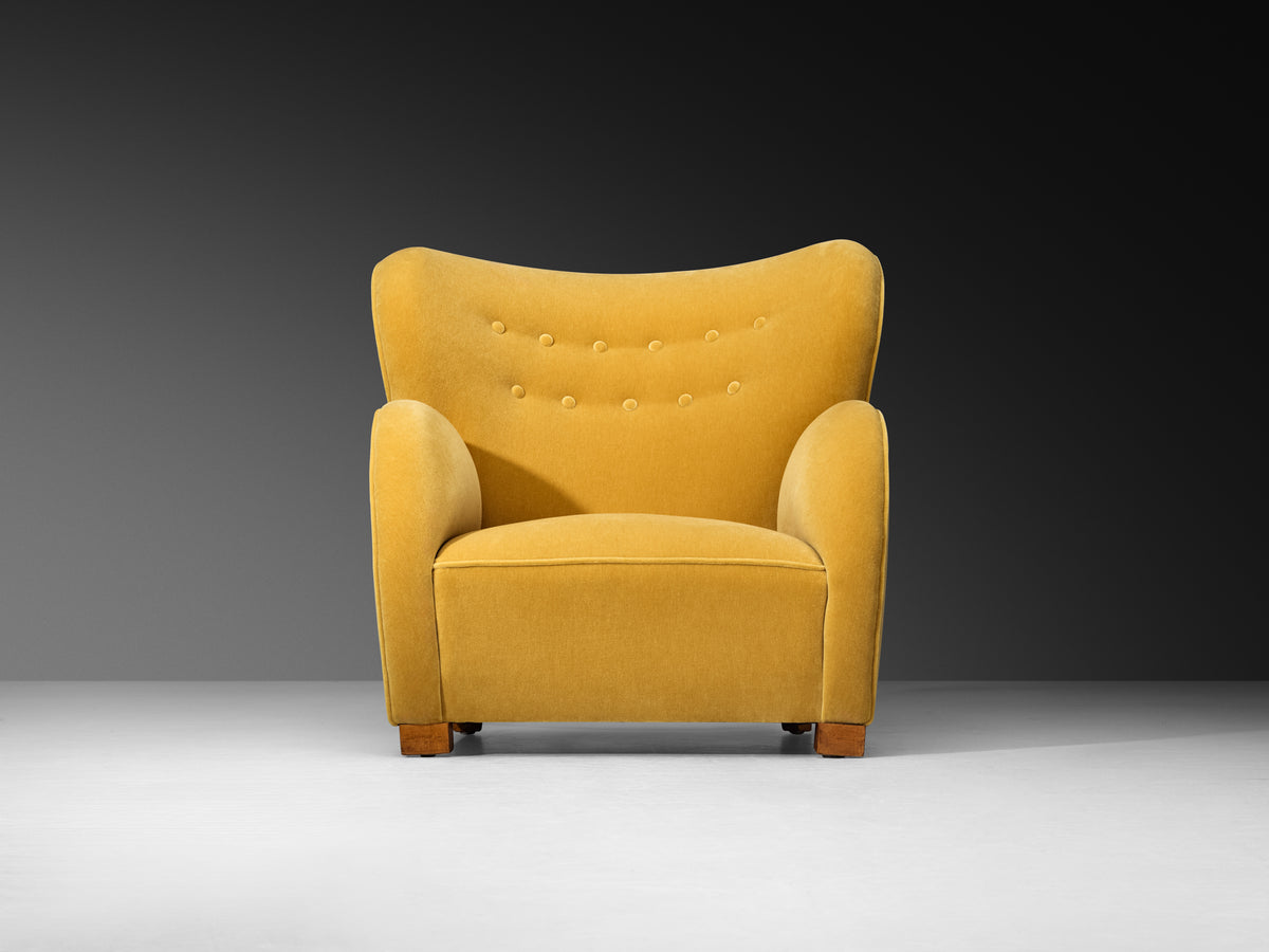 1930s Extremely Grand Danish Lounge Chair Reupholstered in Yellow Mohair Seating Morentz