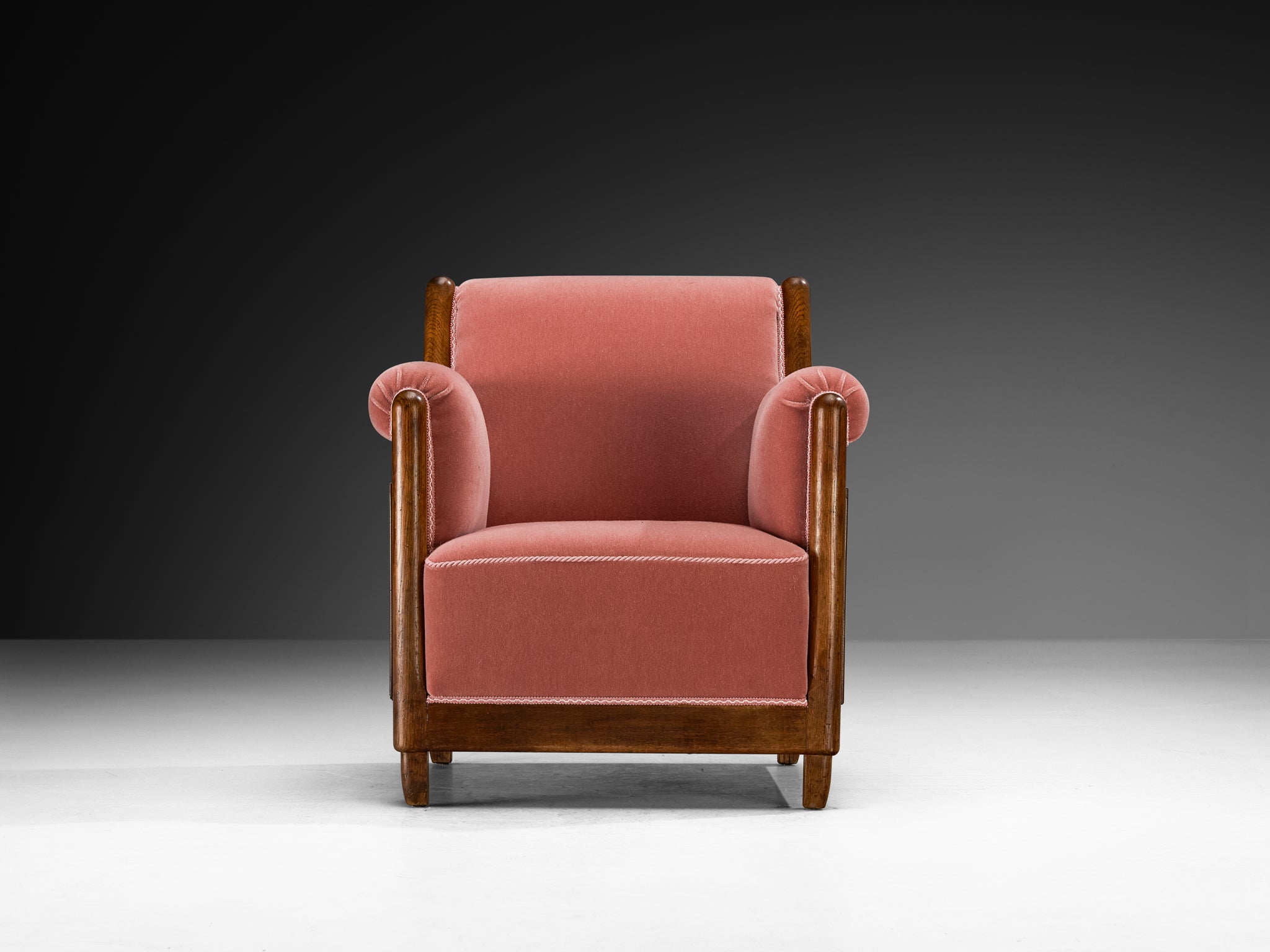 Pair of 1940s Lounge Chairs in Solid Oak and Newly Upholstered Dusty Pink Mohair