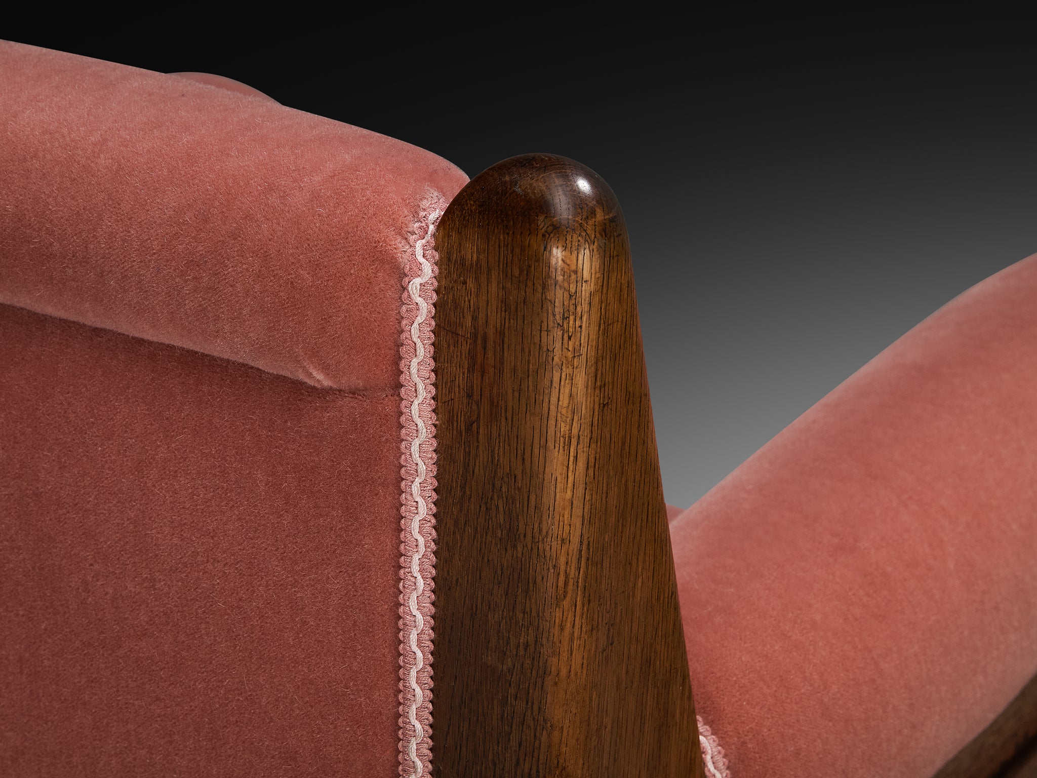 Pair of 1940s Lounge Chairs in Solid Oak and Newly Upholstered Dusty Pink Mohair