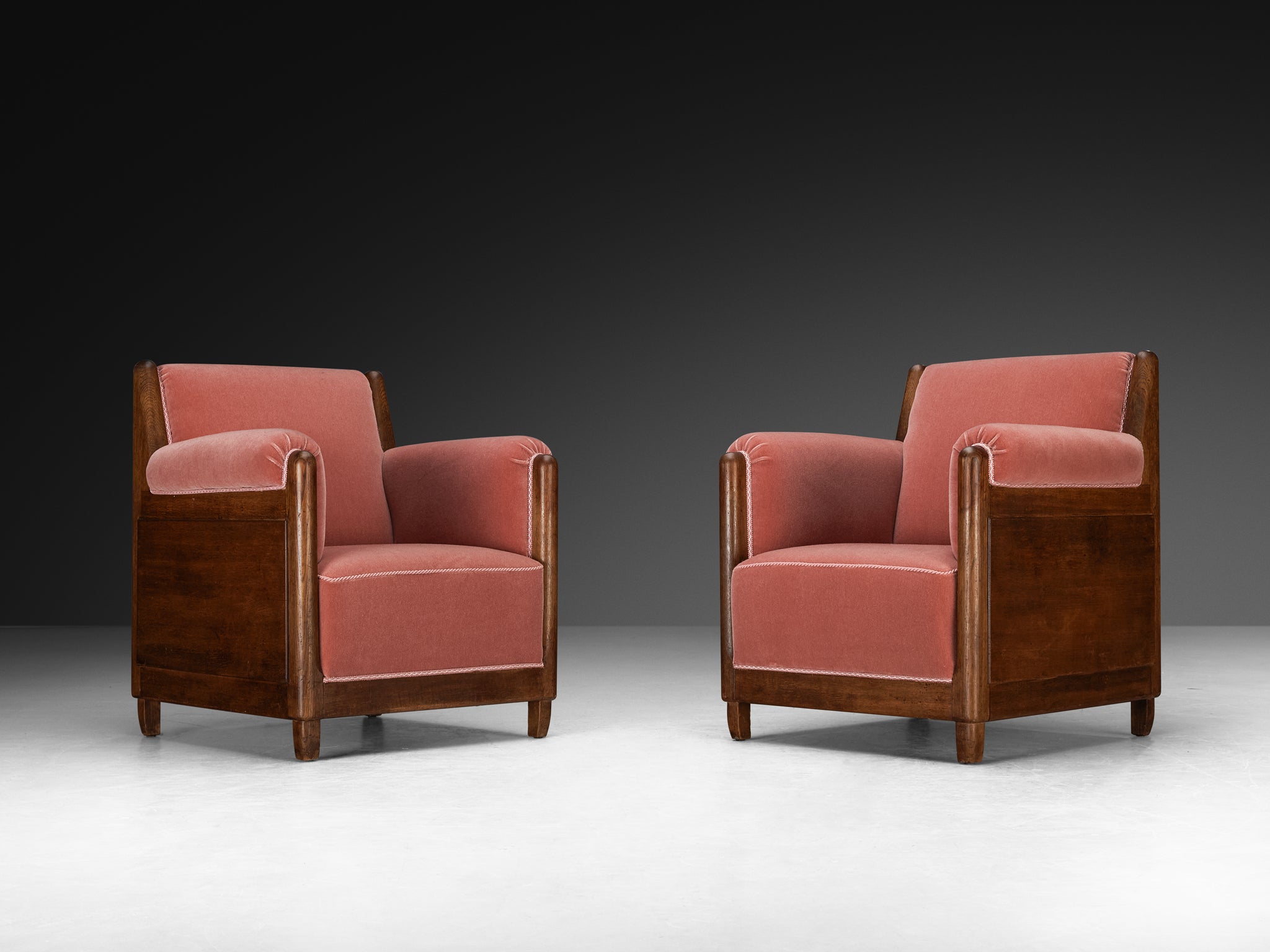Pair of 1940s Lounge Chairs in Solid Oak and Newly Upholstered Dusty Pink Mohair