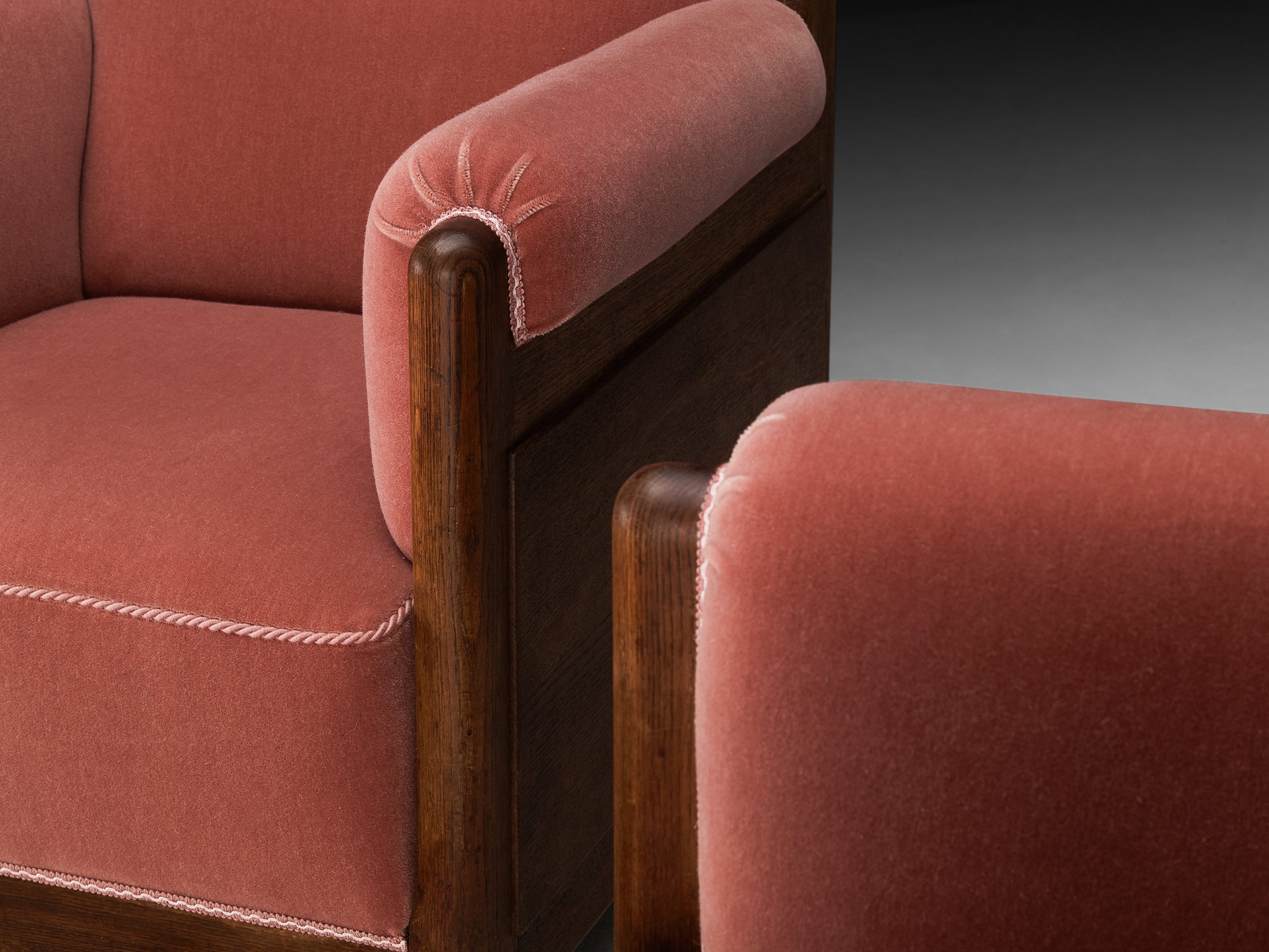 Pair of 1940s Lounge Chairs in Solid Oak and Newly Upholstered Dusty Pink Mohair