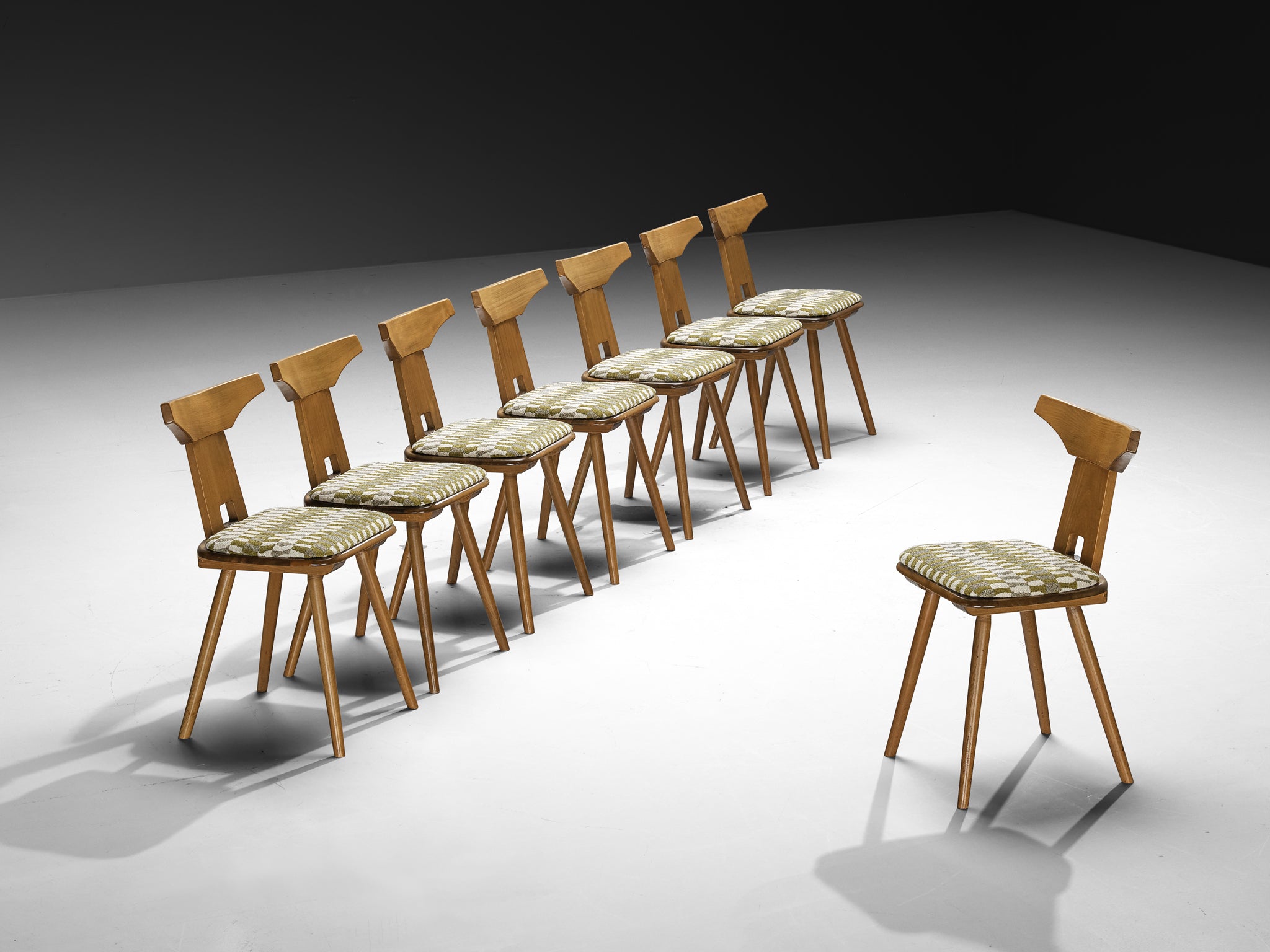 French Rustic Dining Chairs in Solid Wood with Seats in Patterned Multicolor Fabric