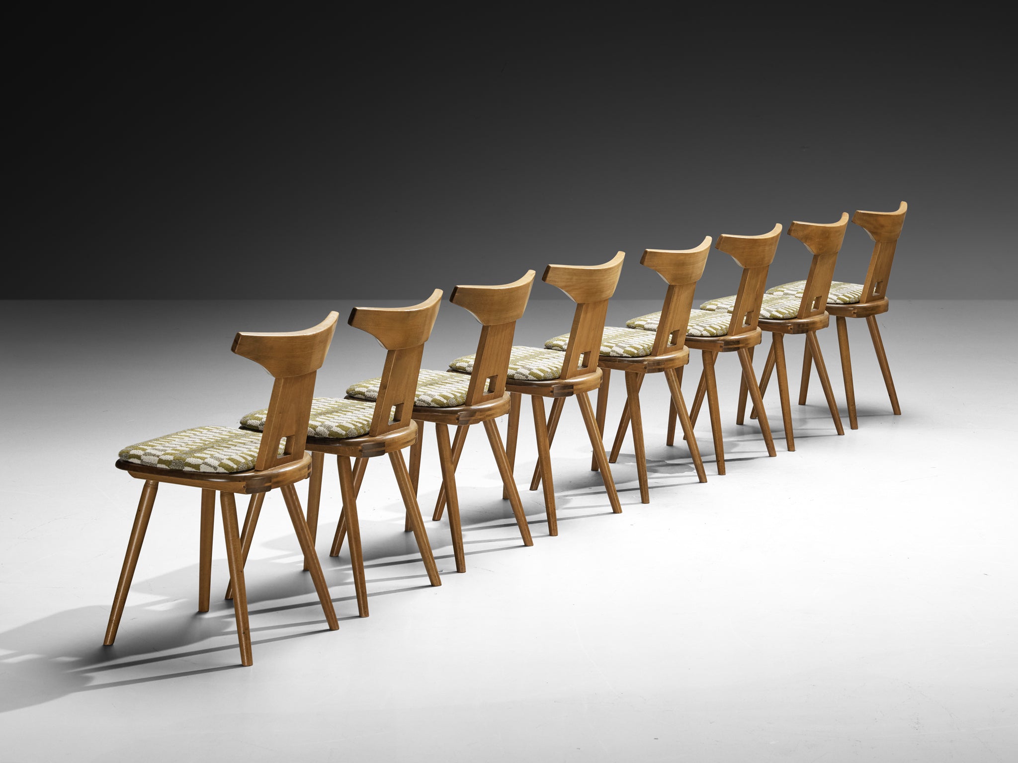 French Rustic Dining Chairs in Solid Wood with Seats in Patterned Multicolor Fabric