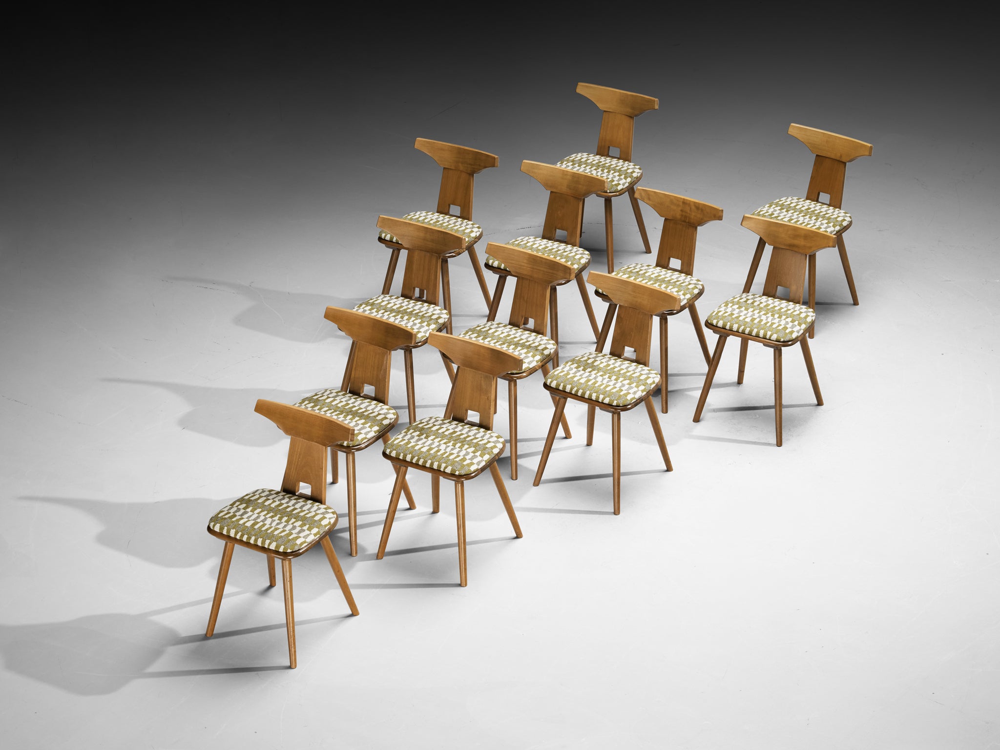 French Rustic Dining Chairs in Solid Wood with Seats in Patterned Multicolor Fabric Seating Morentz