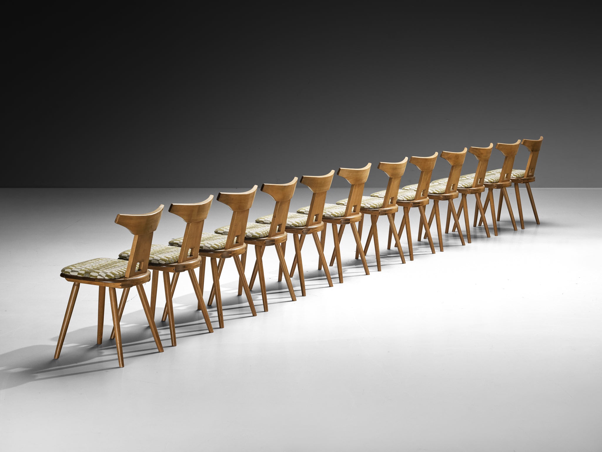 French Rustic Dining Chairs in Solid Wood with Seats in Patterned Multicolor Fabric Seating Morentz