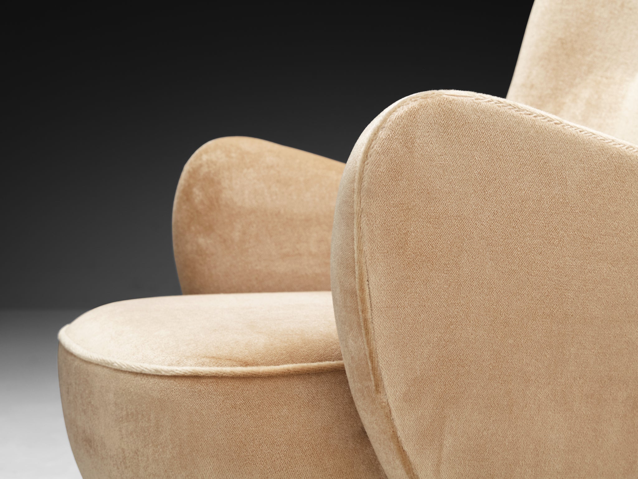 Vladimir Kagan 'Barrel' Lounge Chairs and Ottoman in Light Beige Mohair