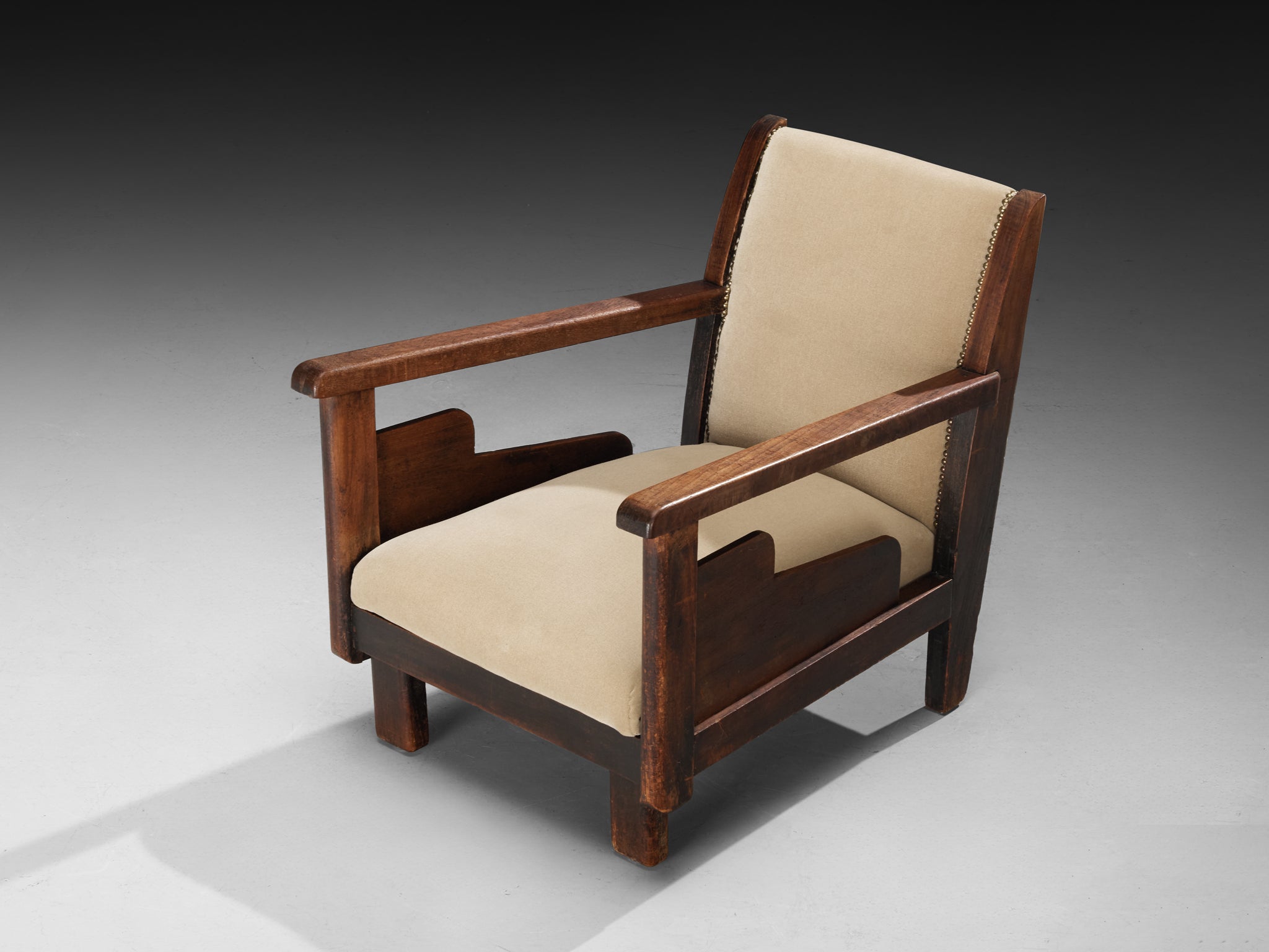 The Hague School Dutch Art Deco Lounge Chair in Beige Velvet and Teak Seating Morentz