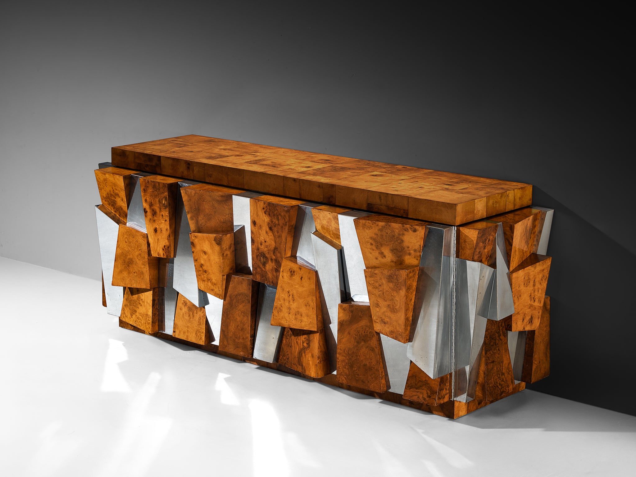 Paul Evans for Directional 'PE 300' Faceted Sideboard in Chrome and Burlwood Case pieces and storage cabinets Morentz
