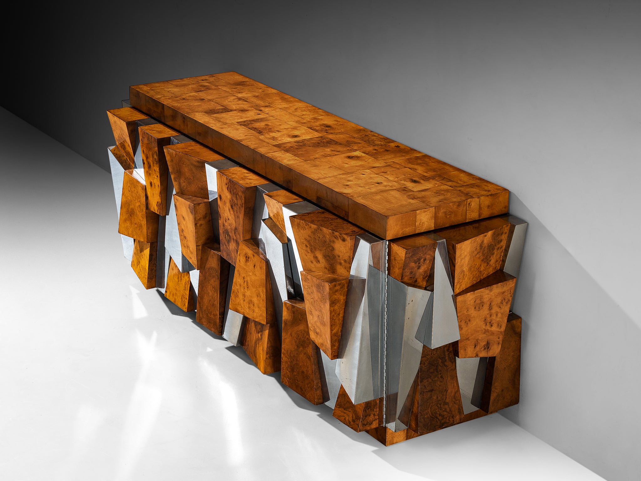 Paul Evans for Directional 'PE 300' Faceted Sideboard in Chrome and Burlwood Case pieces and storage cabinets Morentz
