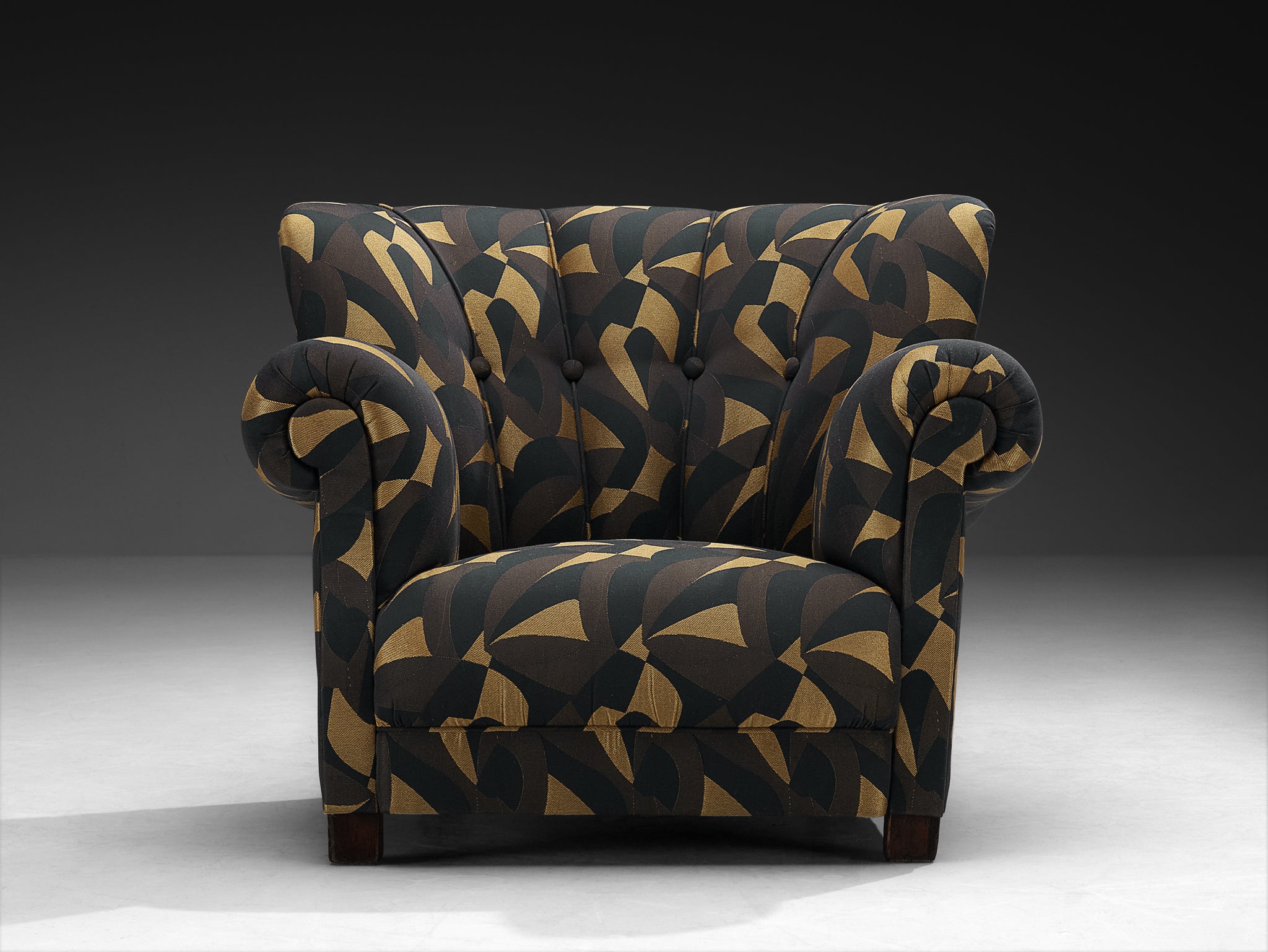 Mid-Century Newly Upholstered Bulky Lounge Chair in Black/Gold Fabric Seating Morentz