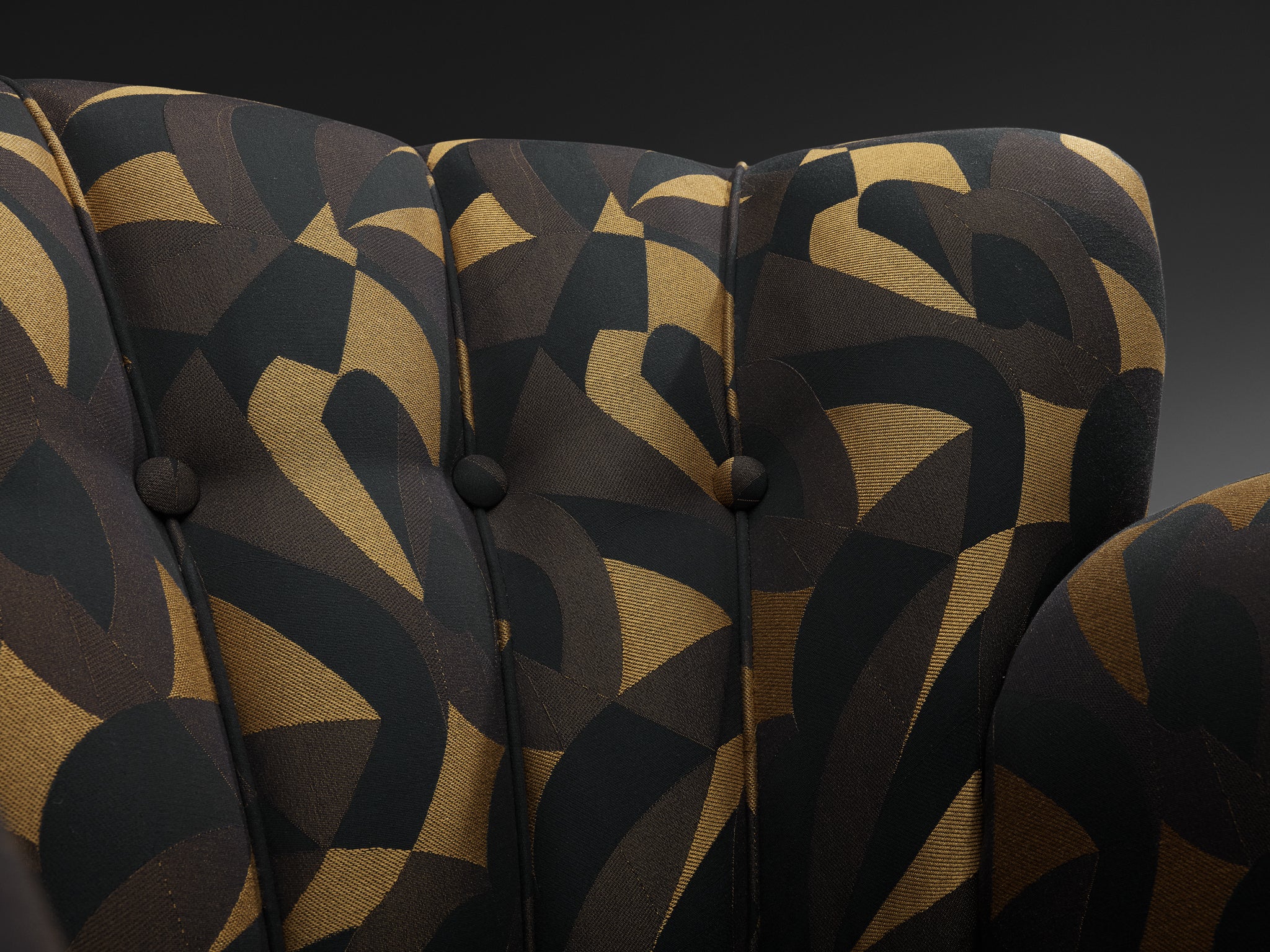 Mid-Century Newly Upholstered Bulky Lounge Chair in Black/Gold Fabric Seating Morentz