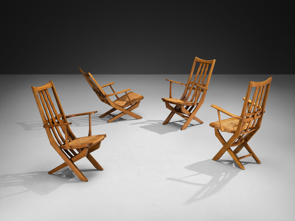Rustic French Lounge Chairs with Tall Backs in Oak and Rush