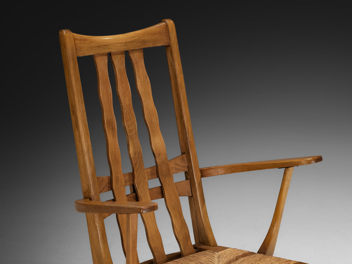 Rustic French Lounge Chairs with Tall Backs in Oak and Rush