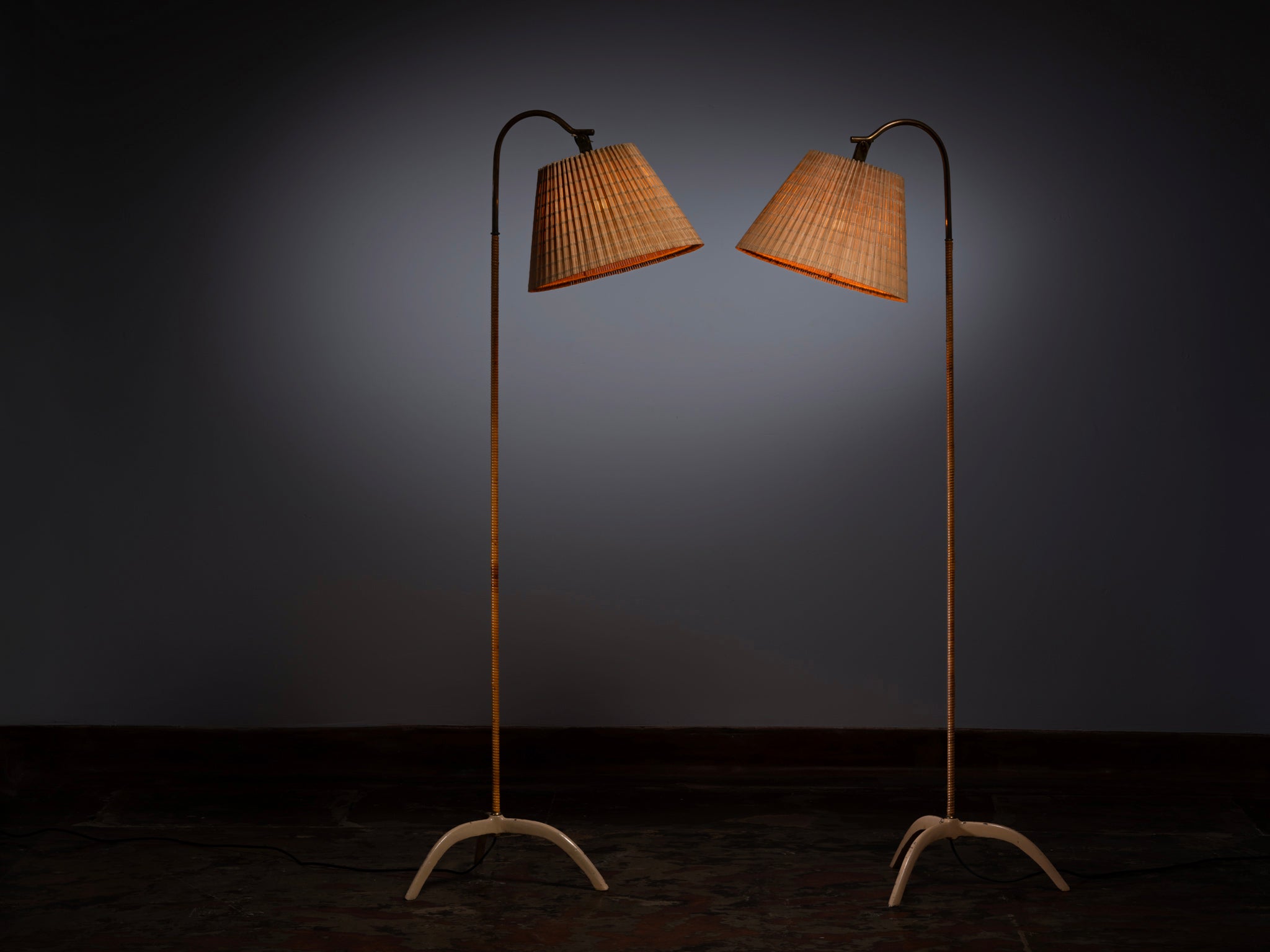 Paavo Tynell for Taito Oy '9609' Pair of Floor Lamps in Cane and Brass