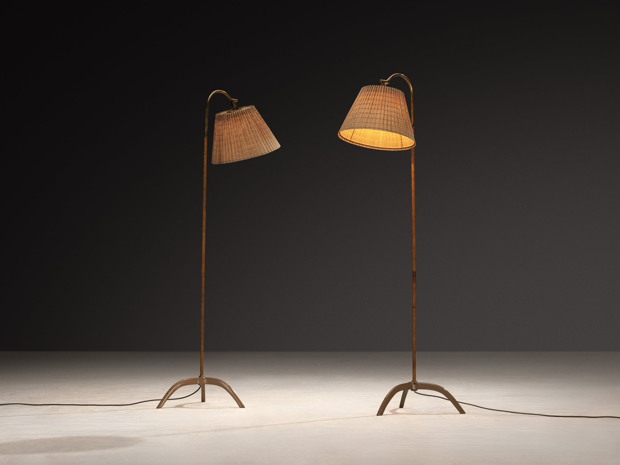 Paavo Tynell for Taito Oy '9609' Pair of Floor Lamps in Cane and Brass Lighting Morentz