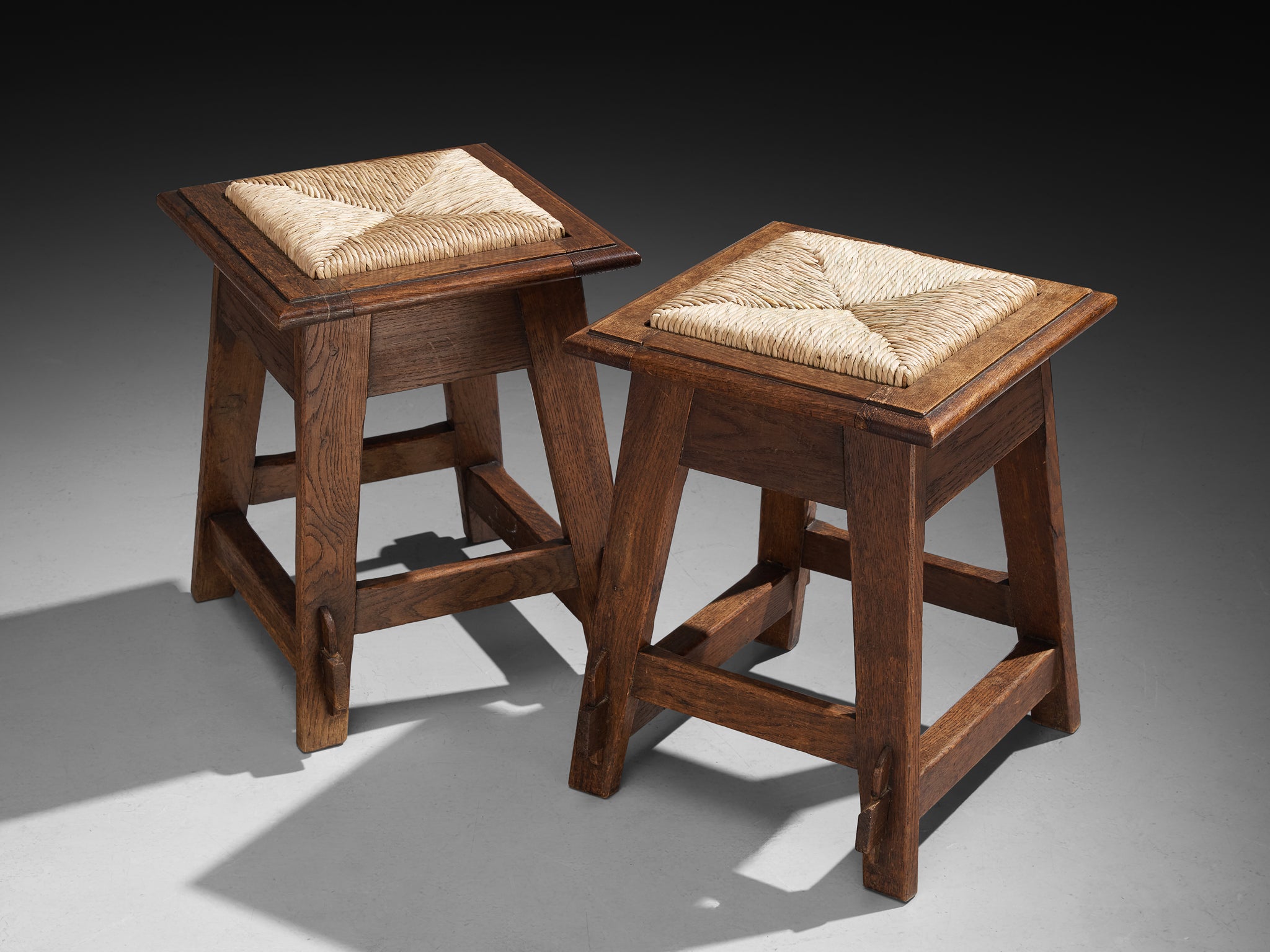 Rustic Pair of Dutch Stools in Oak and Rush Seating Morentz