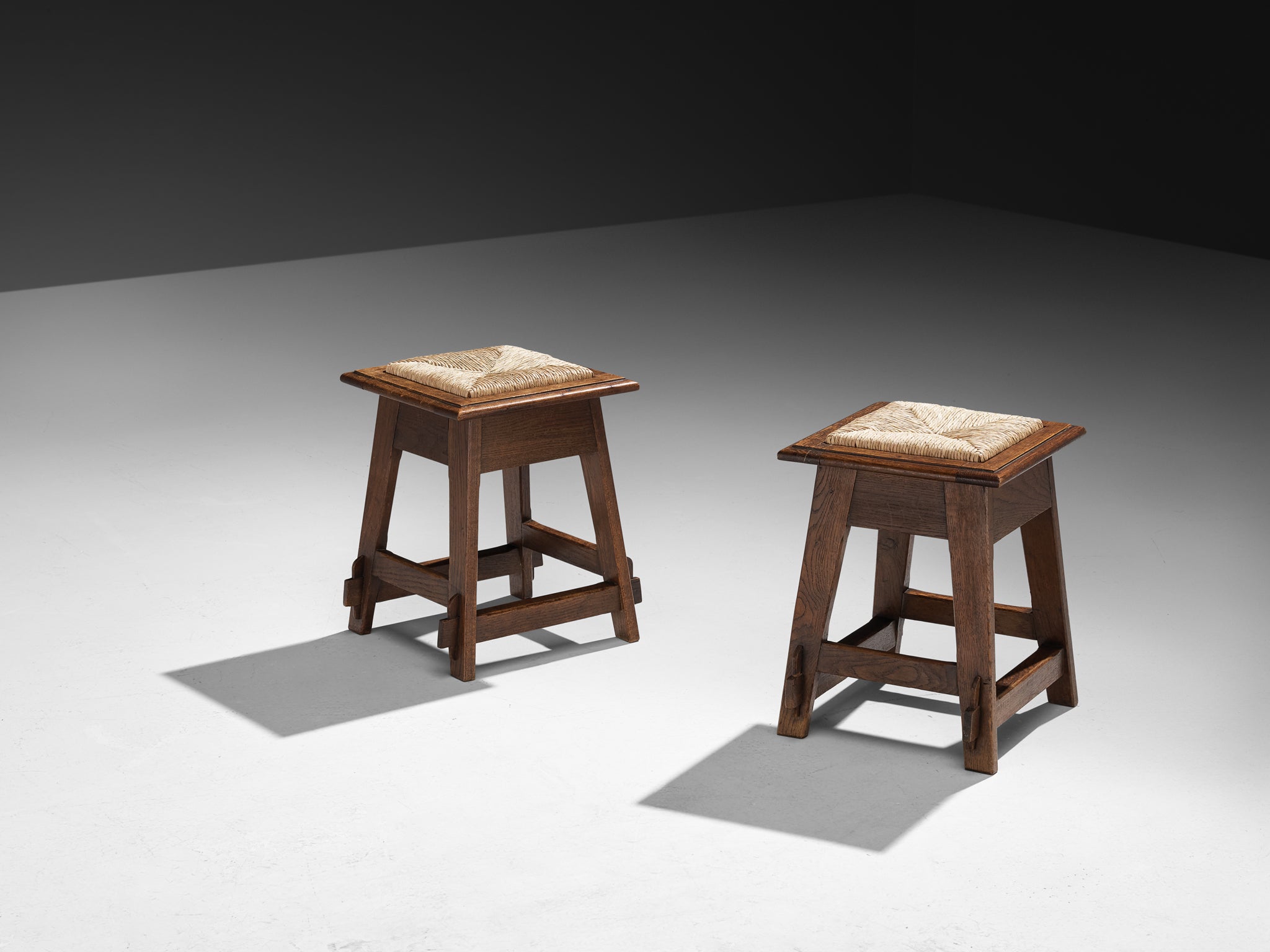Rustic Pair of Dutch Stools in Oak and Rush Seating Morentz