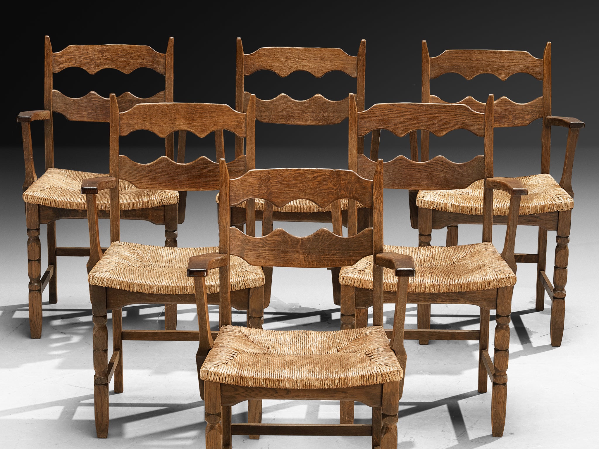 Set of Six Armchairs in Oak and Straw Seating Morentz