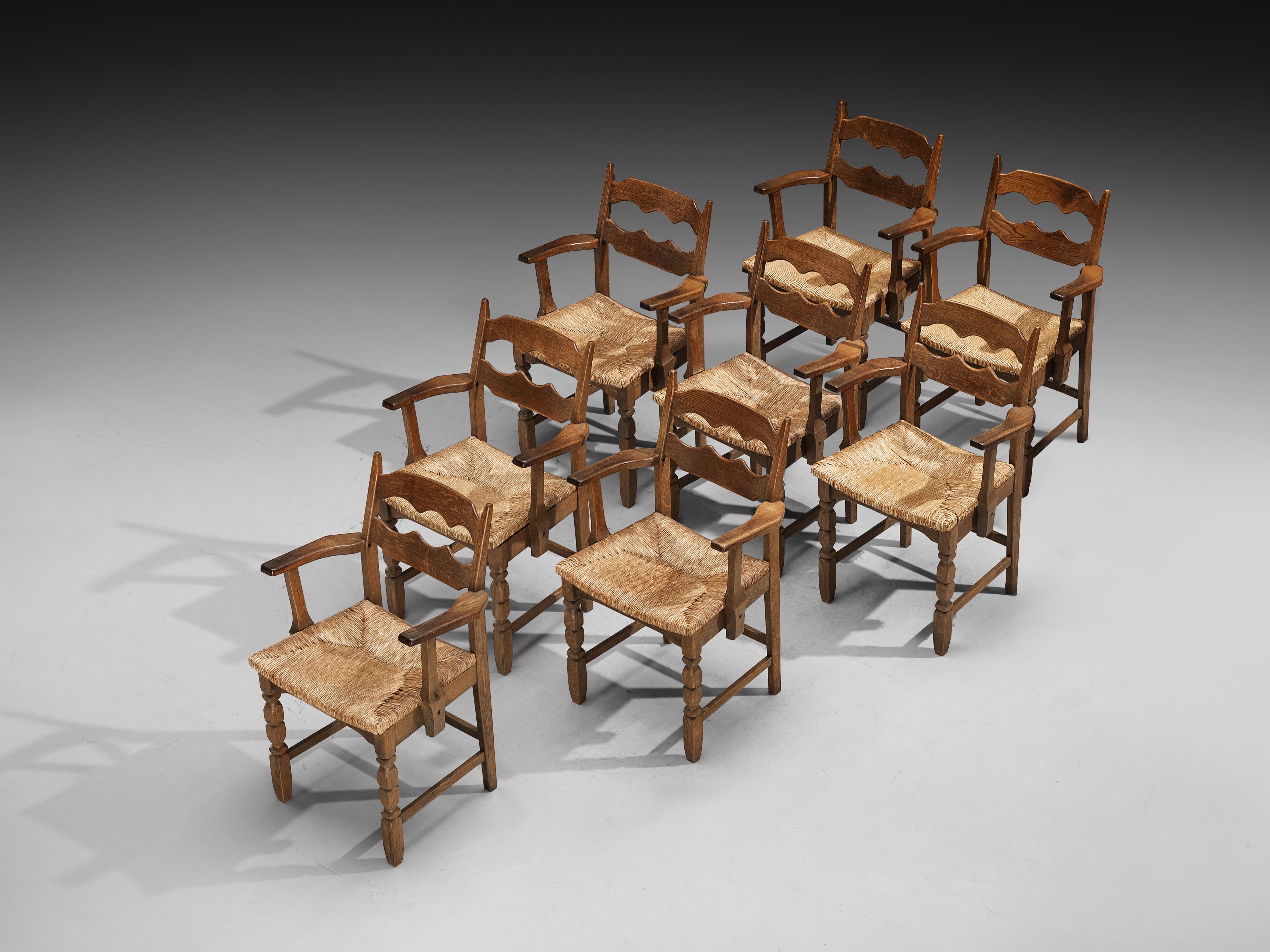 Set of Eight Armchairs in Oak and Straw Seating Morentz