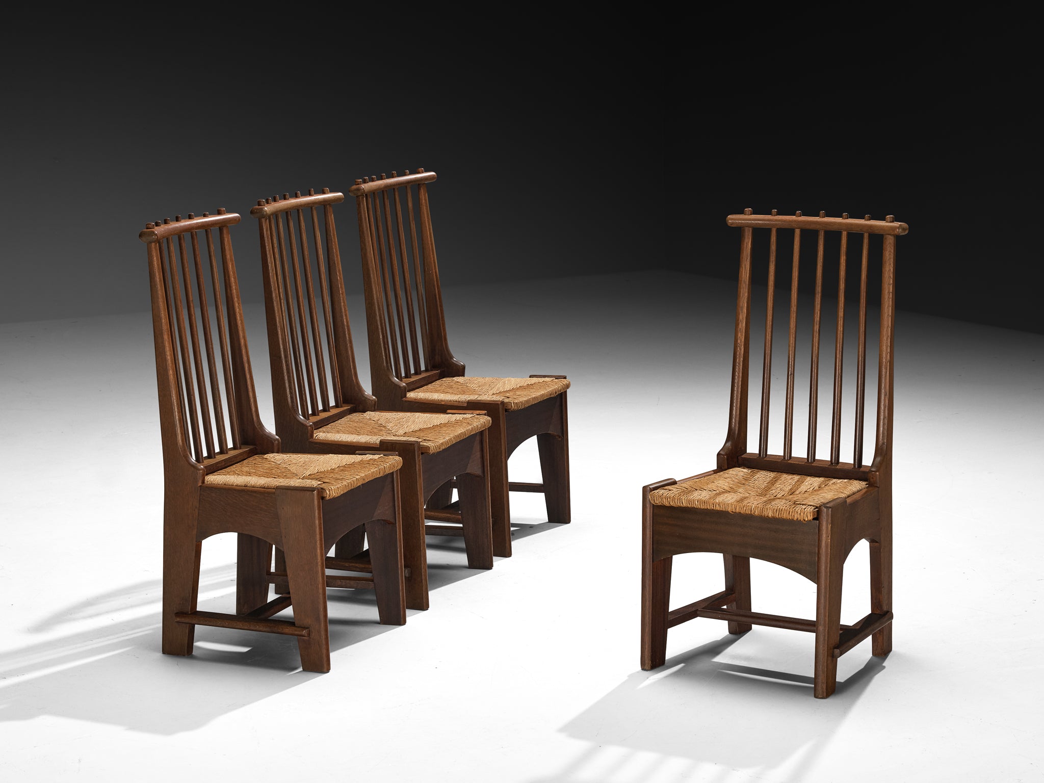 Bas Van Pelt for My Home Set of Four Dining Chairs in Solid Oak and Rush Seating Morentz