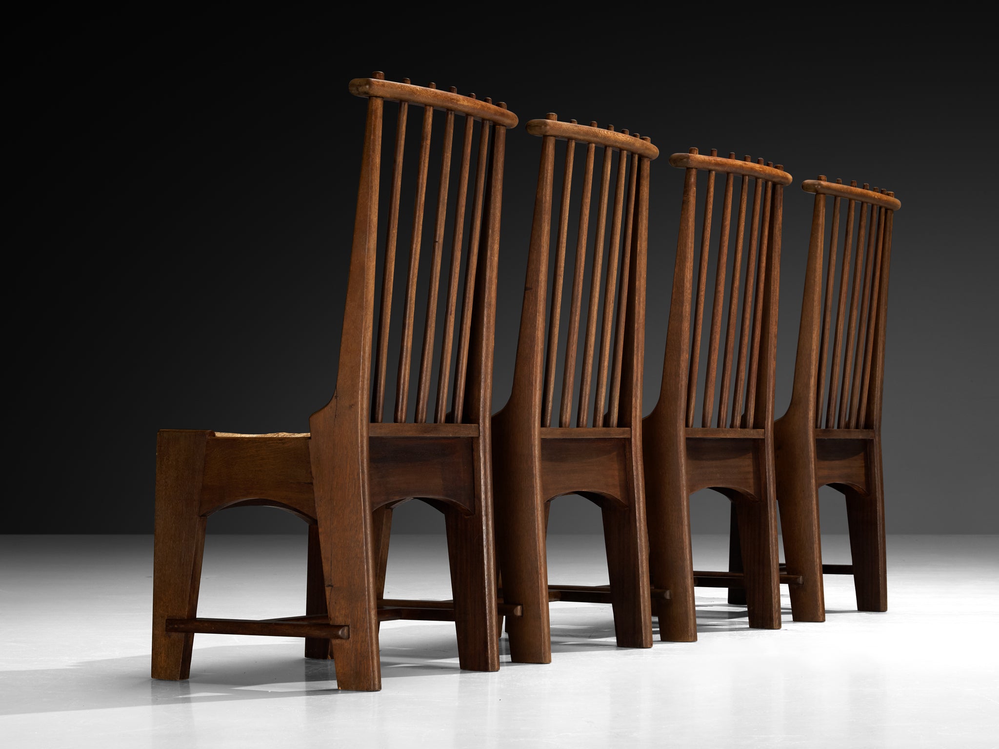 Bas Van Pelt for My Home Set of Four Dining Chairs in Solid Oak and Rush Seating Morentz