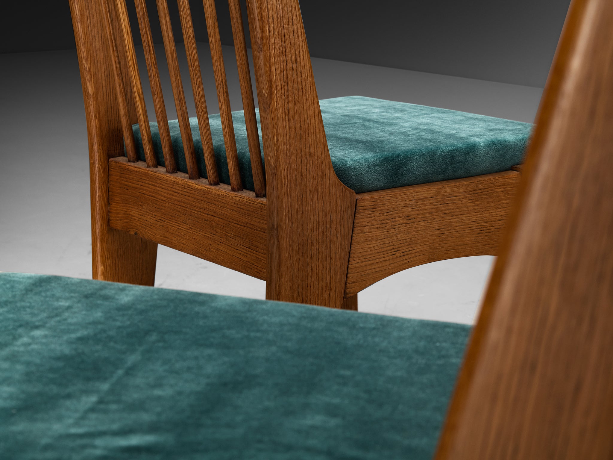 Bas Van Pelt for My Home Set of Six Dining Chairs in Solid Oak and Teal Velvet Seating Morentz