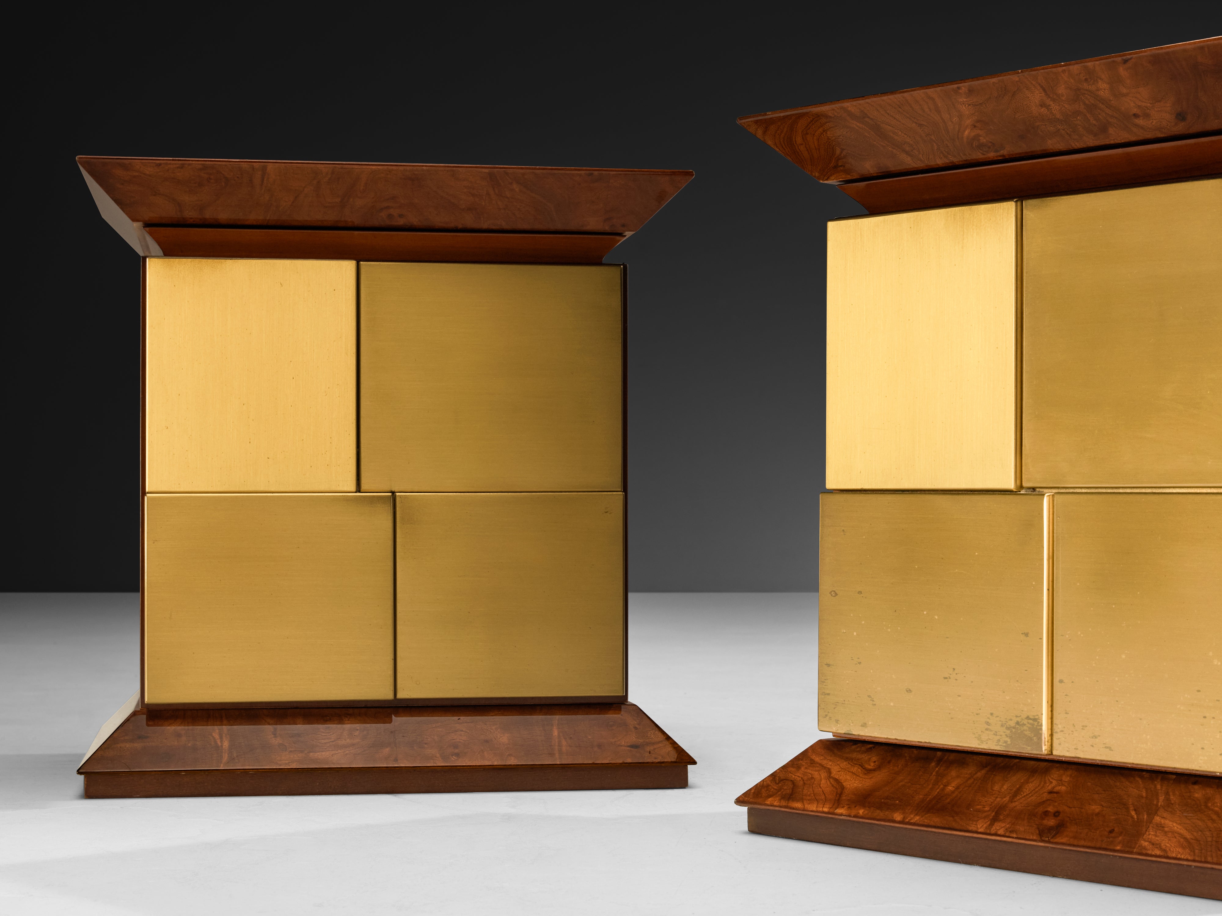 Luciano Frigerio Pair of Night Stands in Elm Burl and Brass