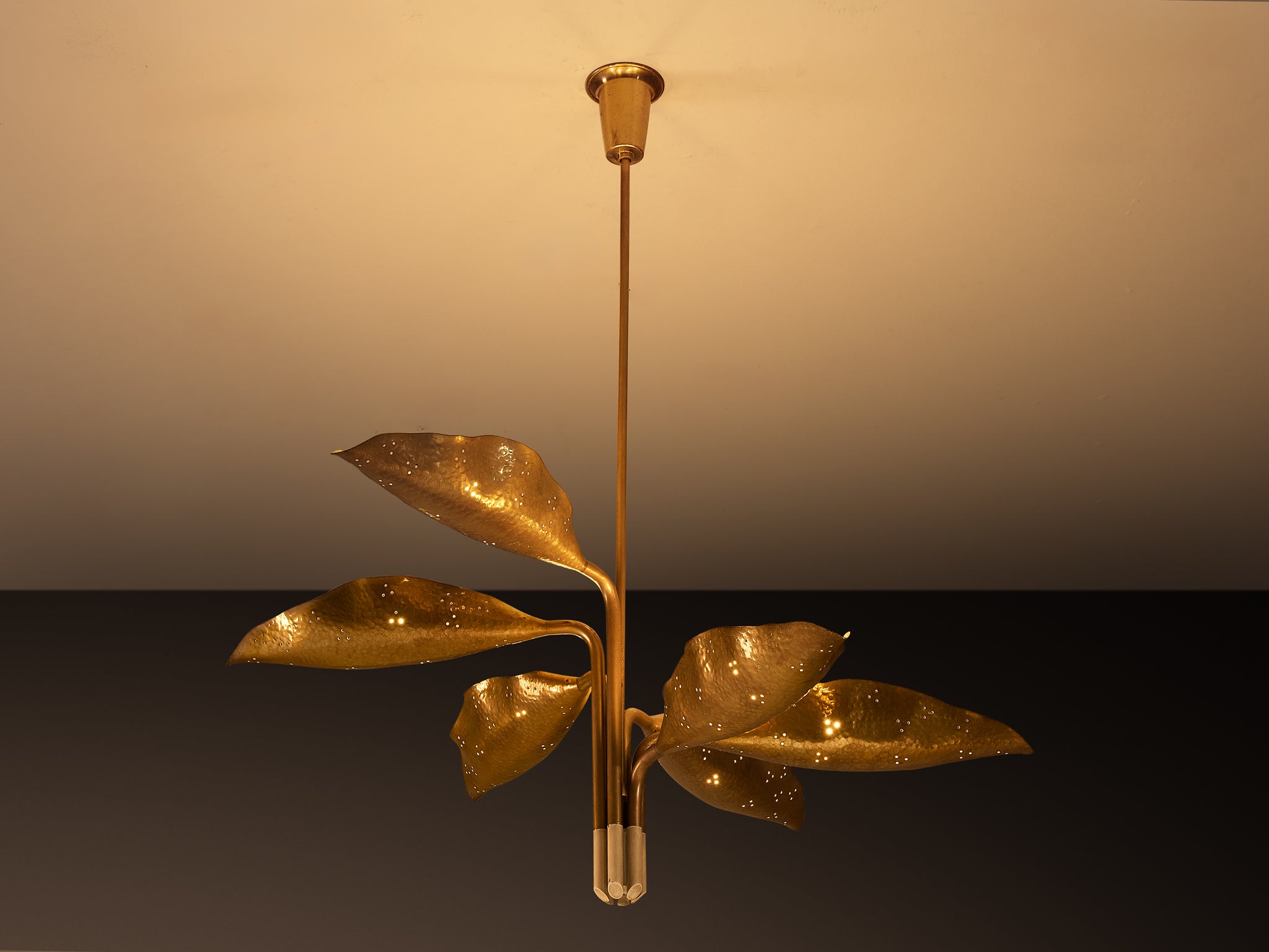 Angelo Lelii for Arredoluce Chandelier in Hammered Brass Lighting Morentz