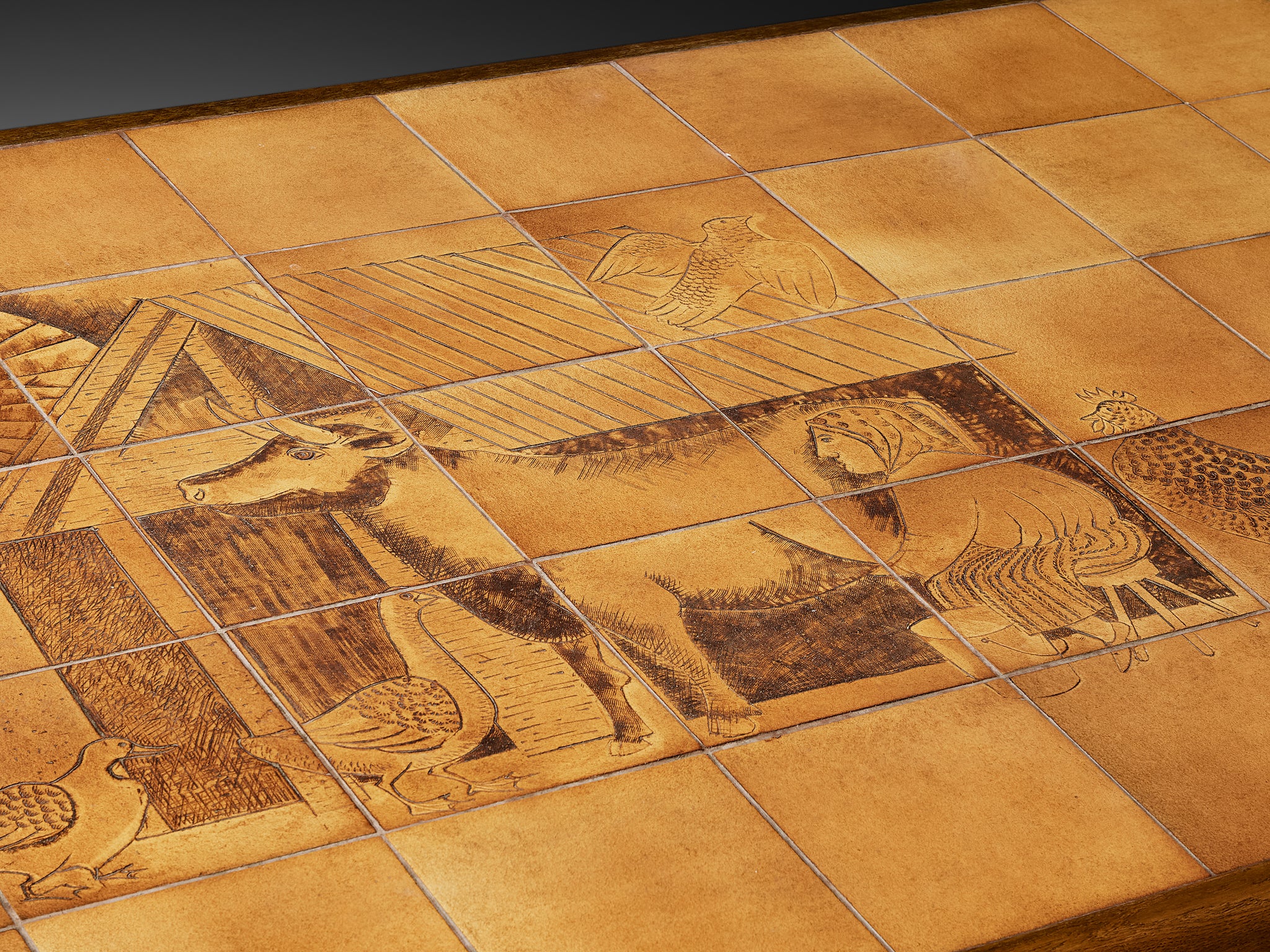 Monumental and Unique Roger Capron Large Dining Table in Ceramic and Oak 410cm/161.42in. Tables Morentz