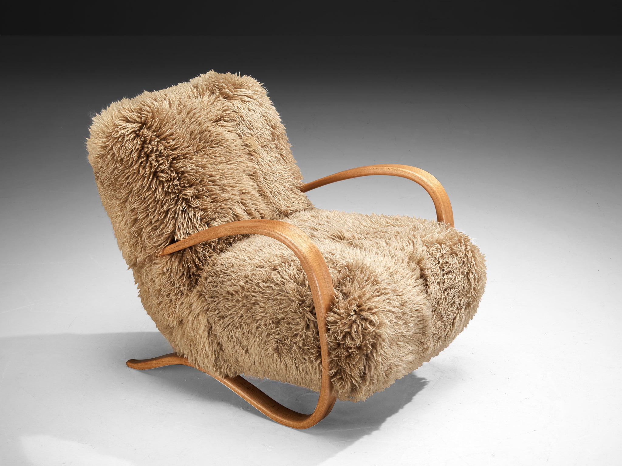 Jindrich Halabala Lounge Chair in Beige Sheepskin Seating Morentz