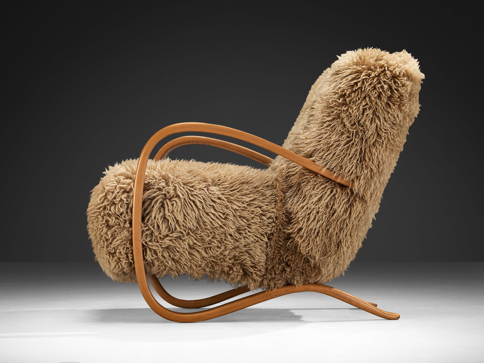 Jindrich Halabala Lounge Chair in Beige Sheepskin Seating Morentz