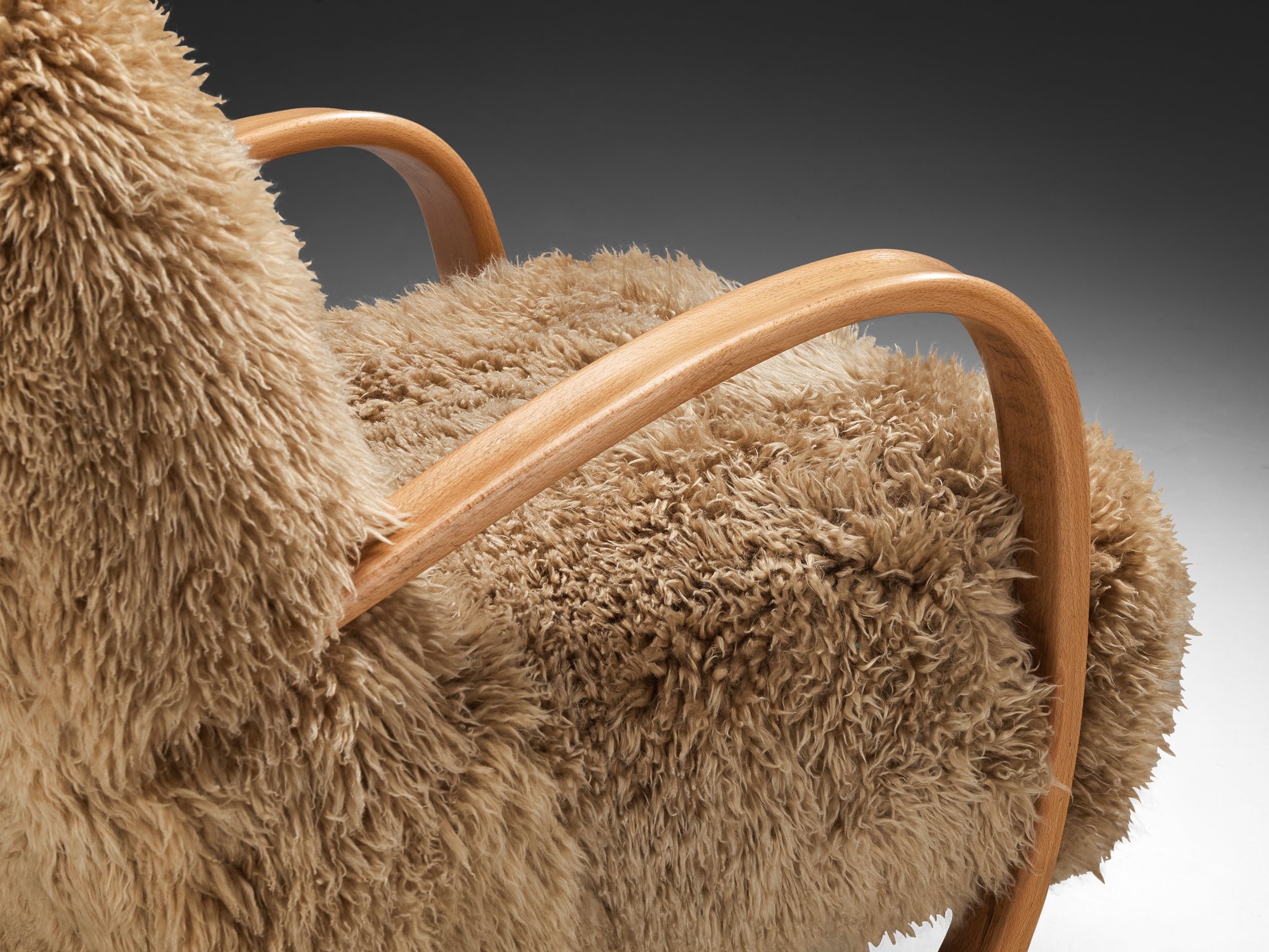 Jindrich Halabala Lounge Chair in Beige Sheepskin Seating Morentz