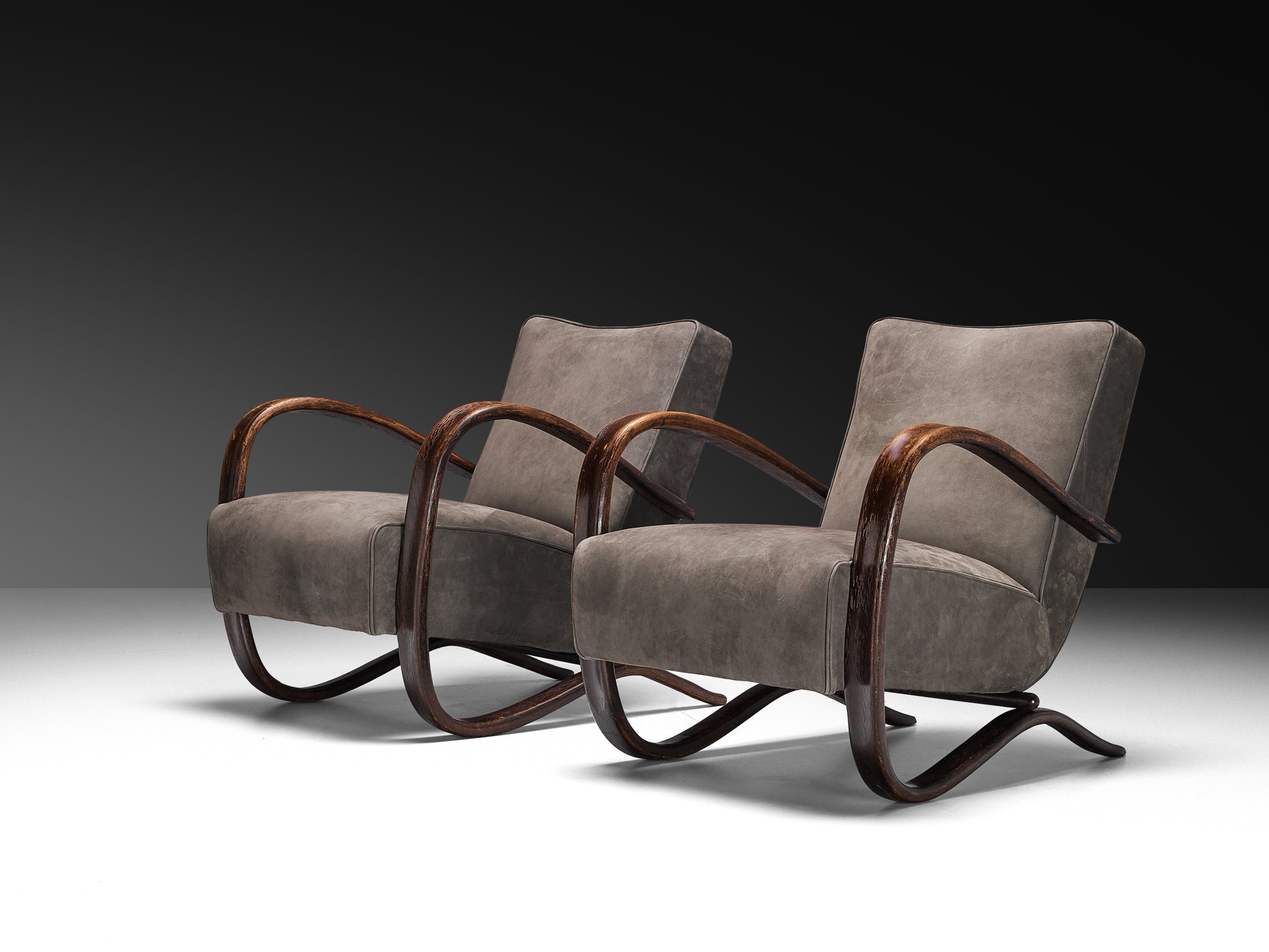 Jindrich Halabala Lounge Chairs in Grey Nubuck Leather Seating Morentz