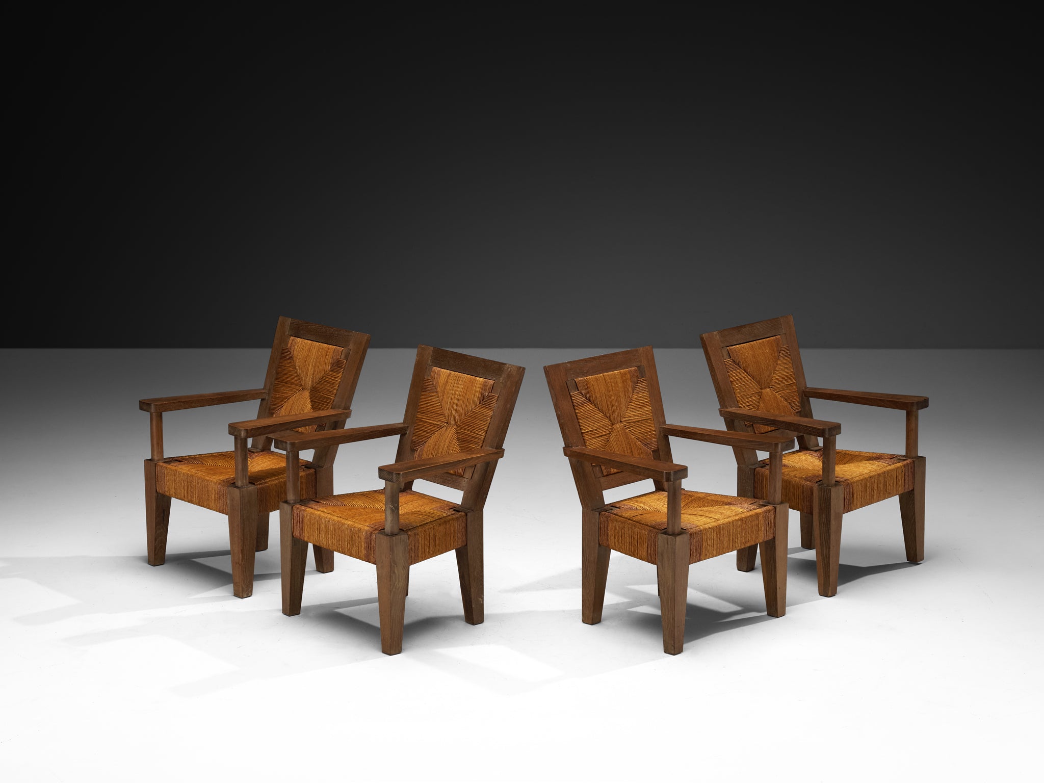 Art Deco French Monumental Armchairs in Oak and Rush Seating Morentz