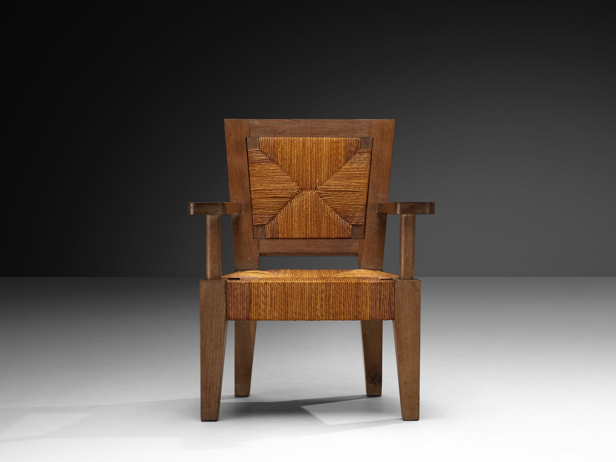 Art Deco French Monumental Armchairs in Oak and Rush Seating Morentz