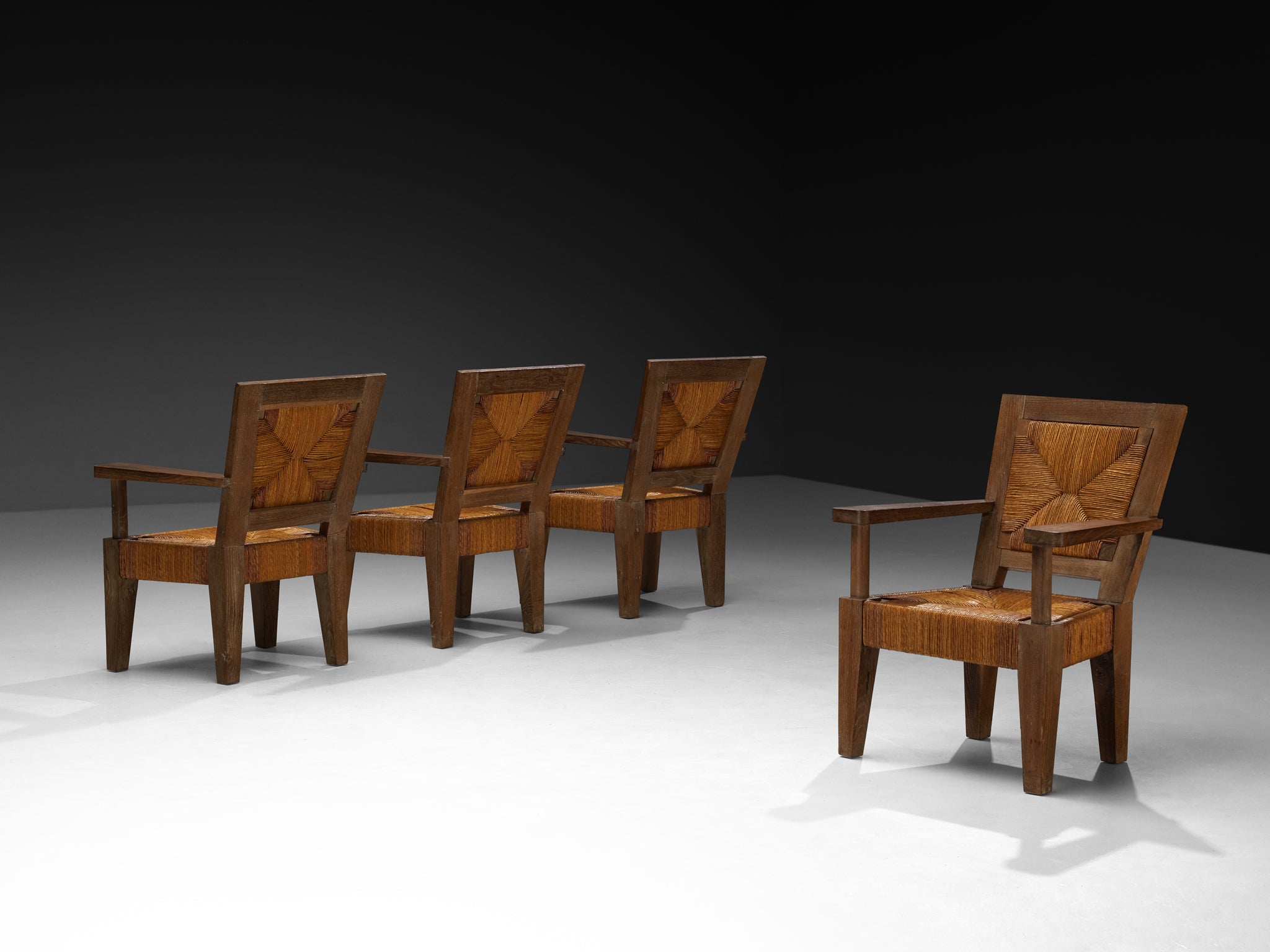 Art Deco French Monumental Armchairs in Oak and Rush Seating Morentz