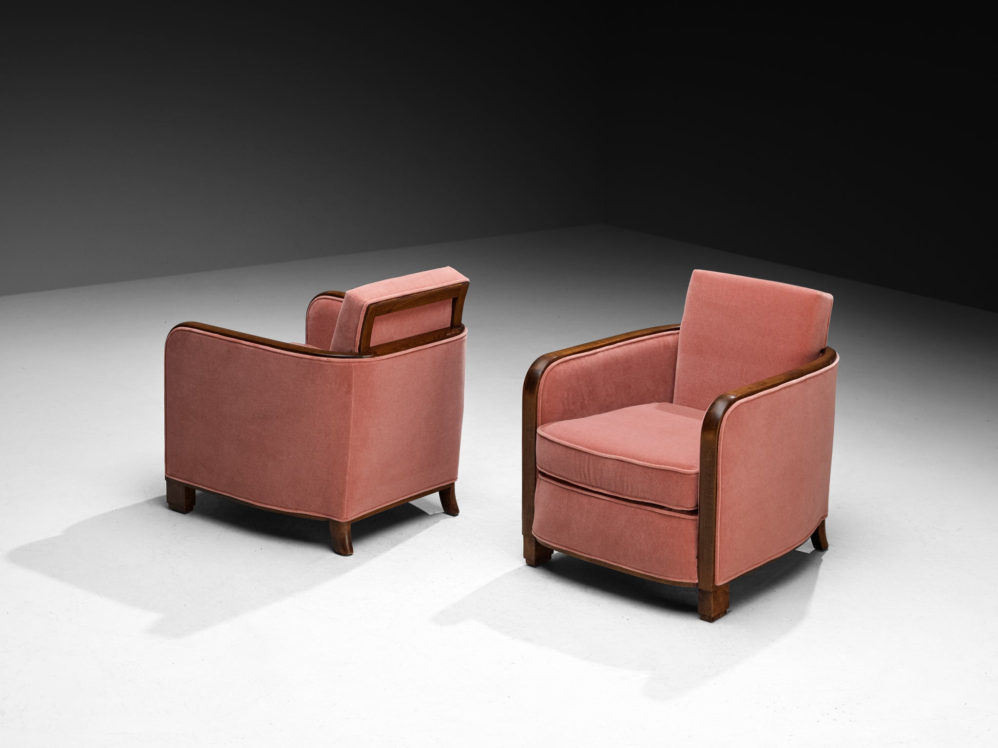 Rare Maison Soubrier Pair of late 1920s Art Deco Armchairs in Pink Velvet Seating Morentz