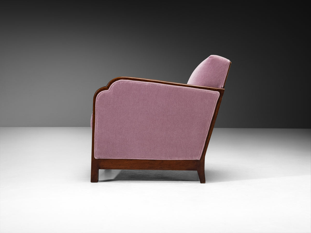 Art Deco French Pair of Angular Lounge Chairs in Wood and Purple Mohair Seating Morentz